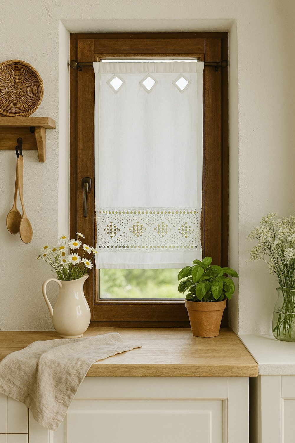 HOSSNER - ART OF HOME DECO Scheibengardine 35x50 cm (1 St), Schlaufen, blickdicht, Baumwolle, Vintage, Romantische Stickerei