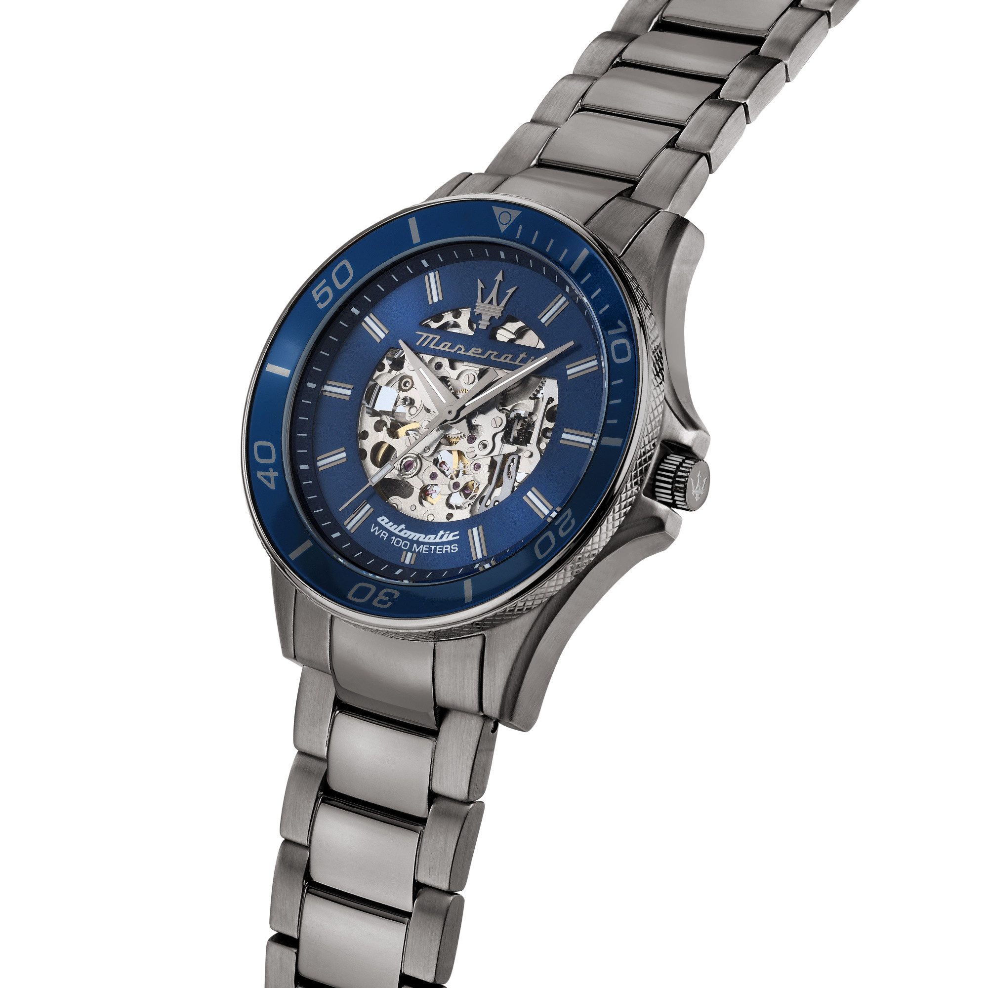 MASERATI Automatikuhr Sfida, 44 mm – Herrenarmbanduhr mit blauem Zifferblatt & Edelstahlband R8823140015, Markantes Automatikmodell in sportlichem Design