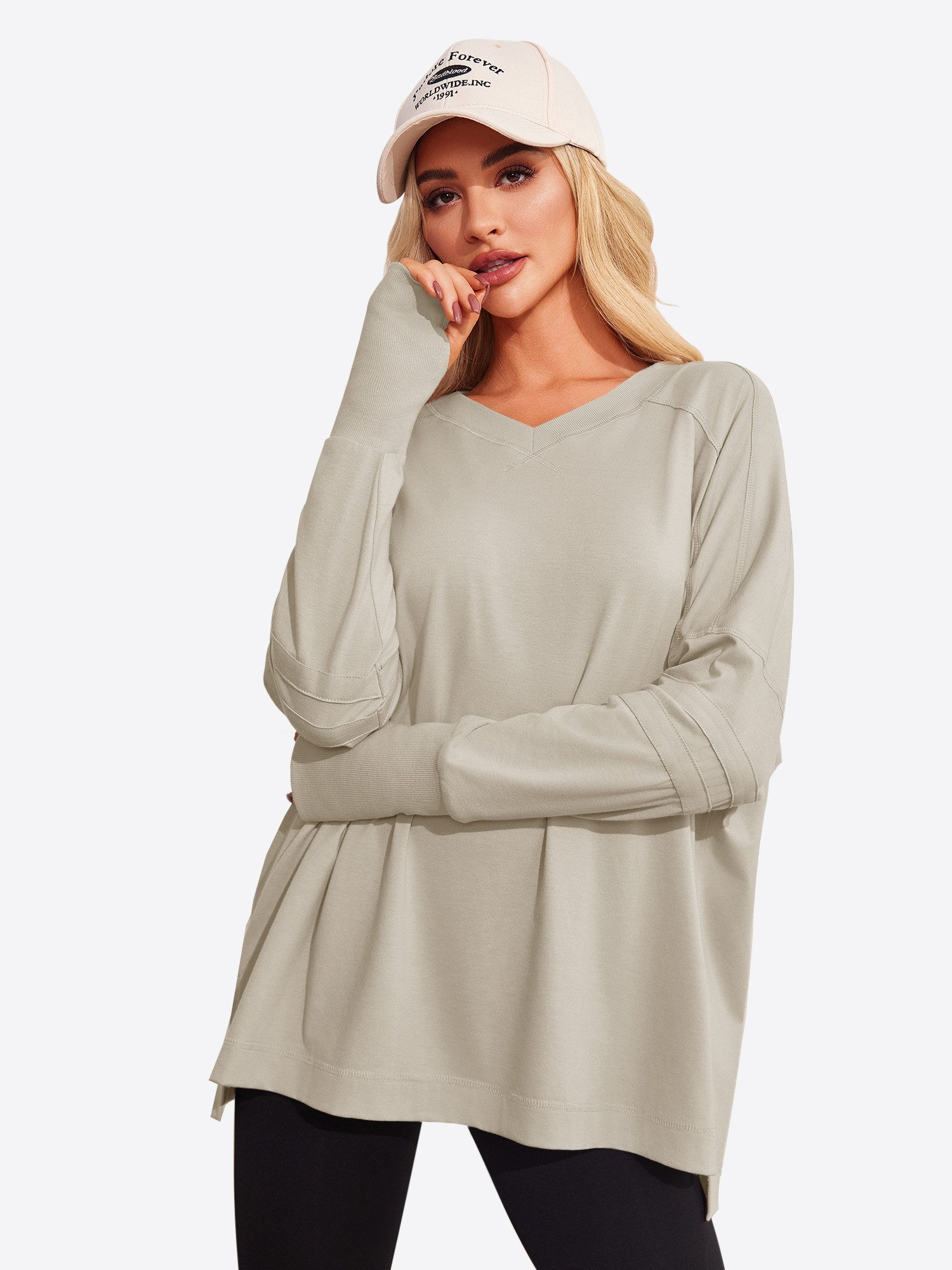Imily Bela Langarmshirt Damen Oversize mit V-Ausschnitt Raglanärmeln und Daumenlöchern (Packung, 1-tlg., 1per-Pack) in Unifarbe