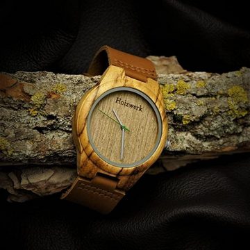 Holzwerk Quarzuhr BURGAU Damen und Herren Leder & Holz Armband Uhr, braun, grün