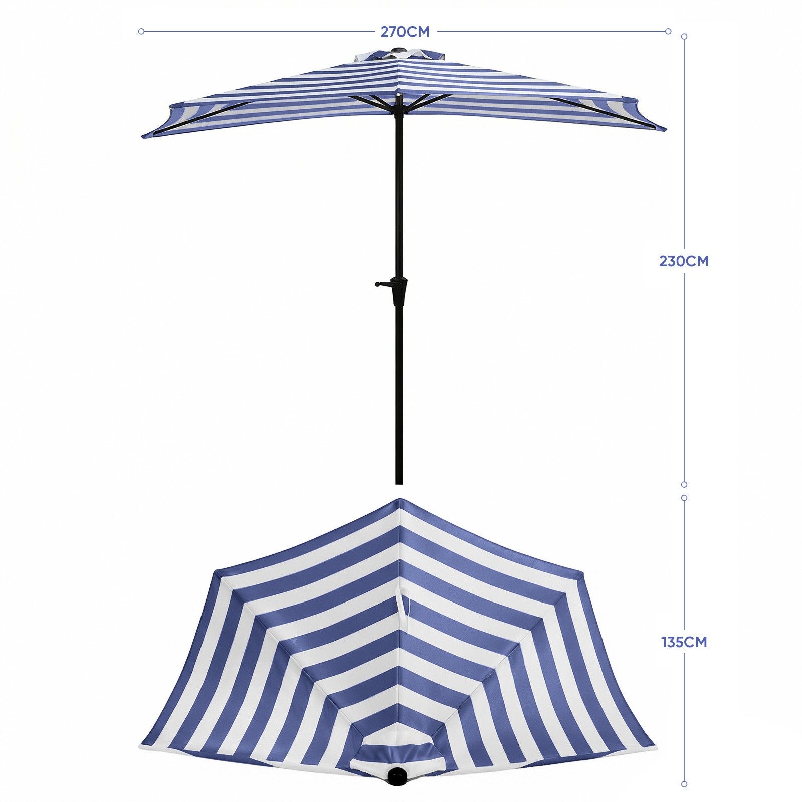 Sekey Sonnenschirm 270 cm Sonnenschirm Streifen Halbrund Terrassenschirm mit Kurbel, Halbrundschirm für Balkon, Garten, Hof, Restaurant, Café, Biergarten