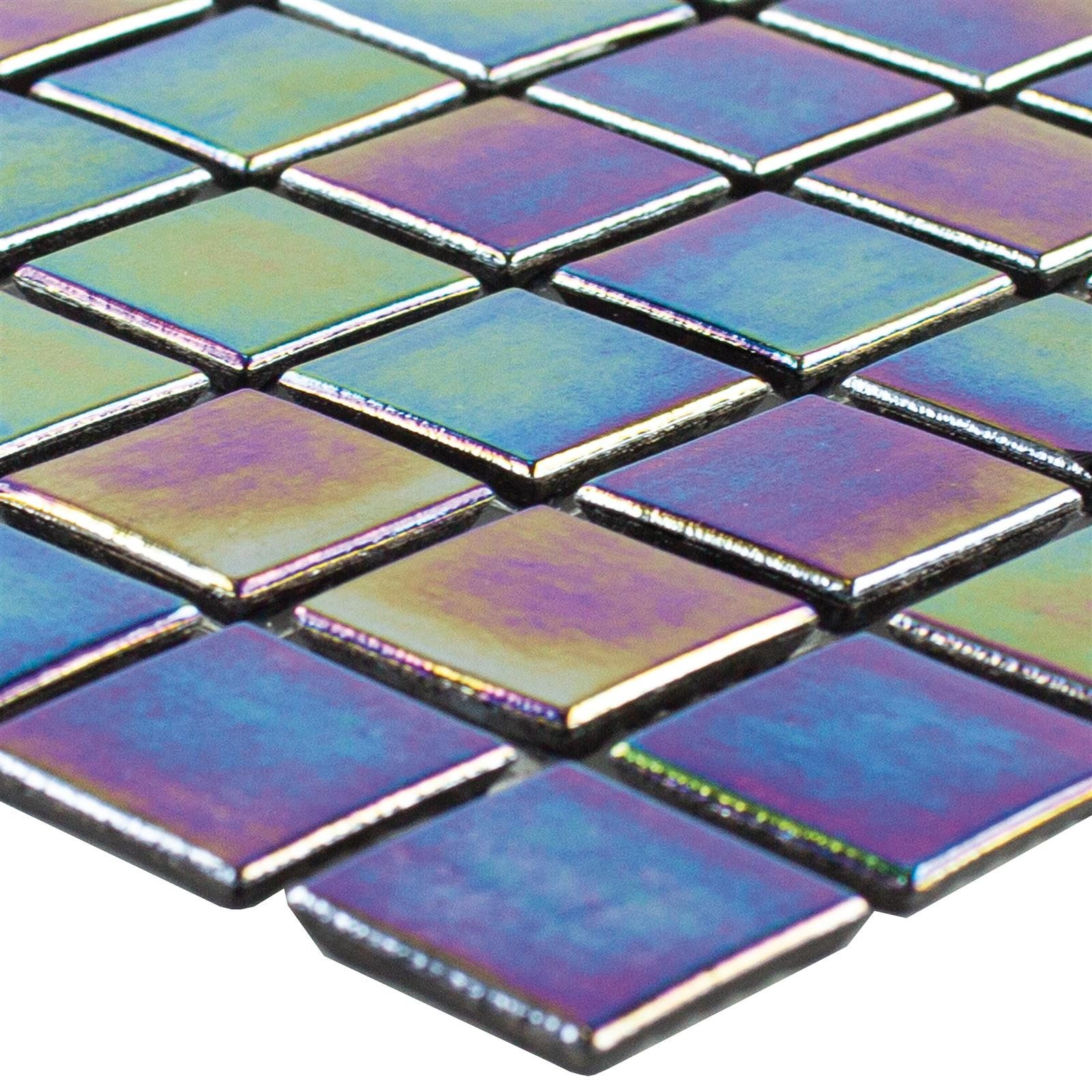 Mosafil Mosaikfliesen Glasmosaik Williams Perlmutt Effekt Grün Schwarz, Glas 30.500×30.500, schwarz-grün-lila, Verlegefertig auf ein Netz geklebt – Frostsicher – Wasserfest