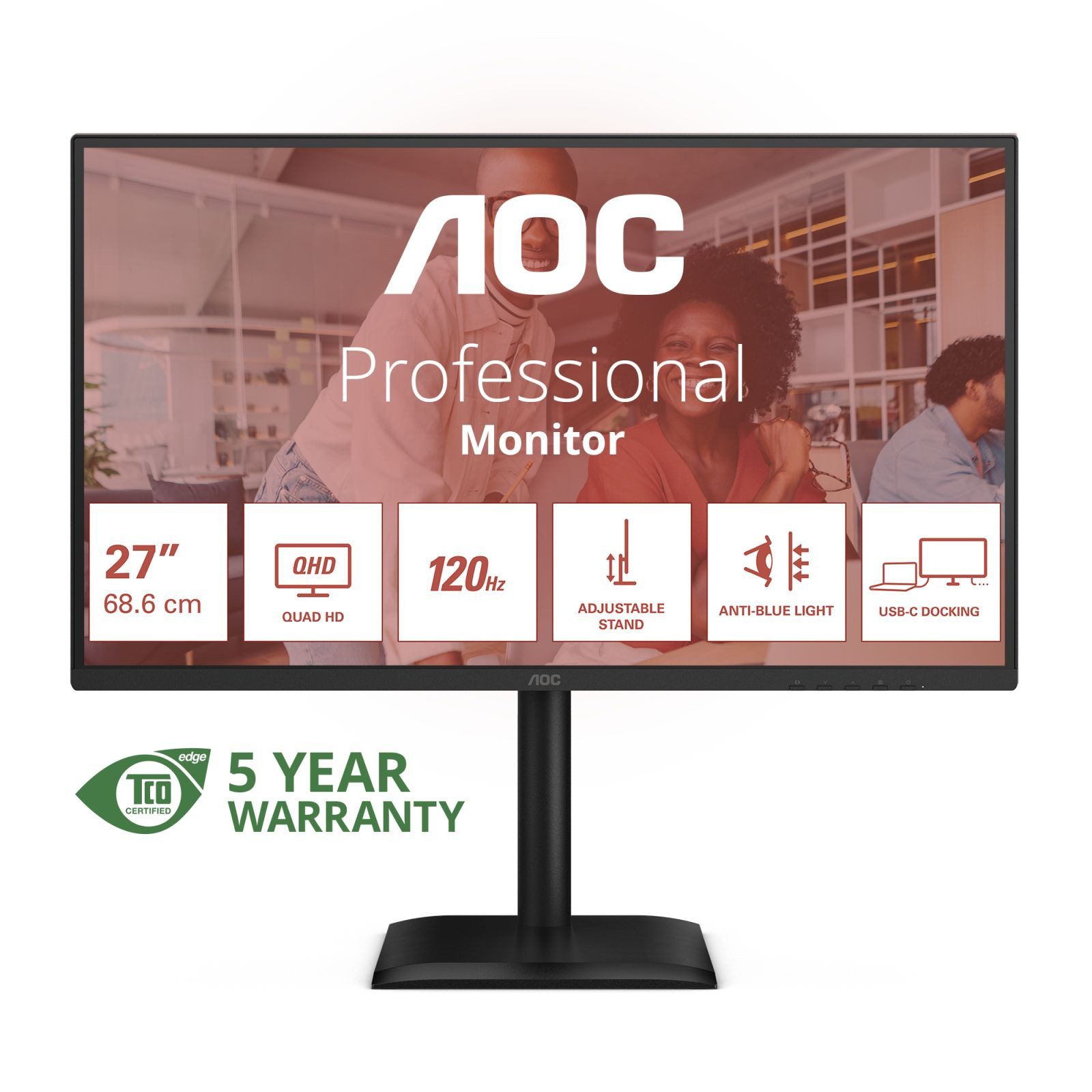 AOC 68,6cm (27) Q27E4CV 16:09 HDMI+DP+USB-C Lift black TFT-Monitor (2560 x 1440 px, Quad HD, 4 ms Reaktionszeit, 120 Hz, IPS, Lautsprecher, HDCP, Kopfhörerbuchse, Pivot, Höhenverstellbar)