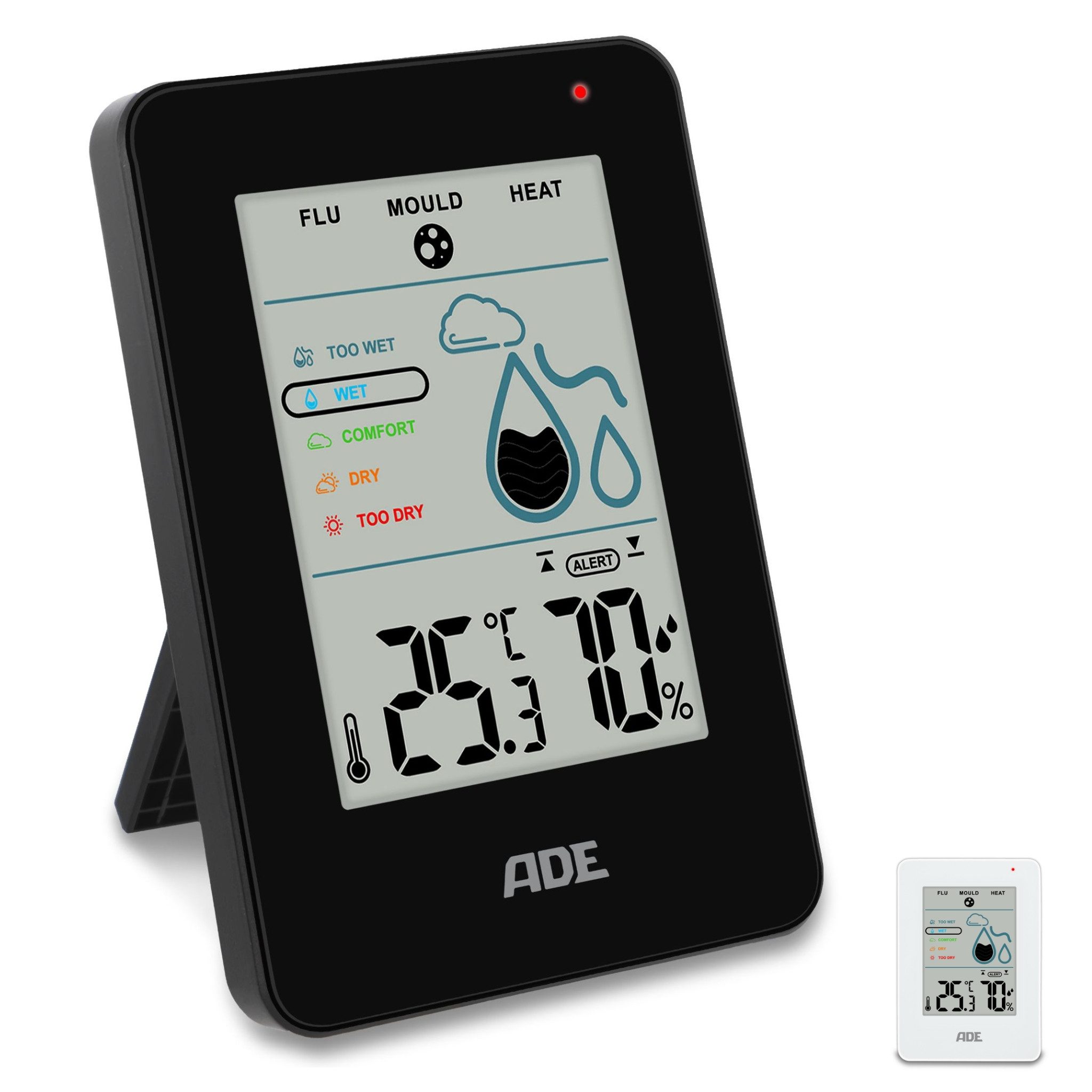 ADE Hygrometer Digital, misst Luftfeuchtigkeit, Temperatur und Taupunkt im Innenraum, Mit Schimmelalarm und Komfortanzeige, großes Display fürs Raumklima
