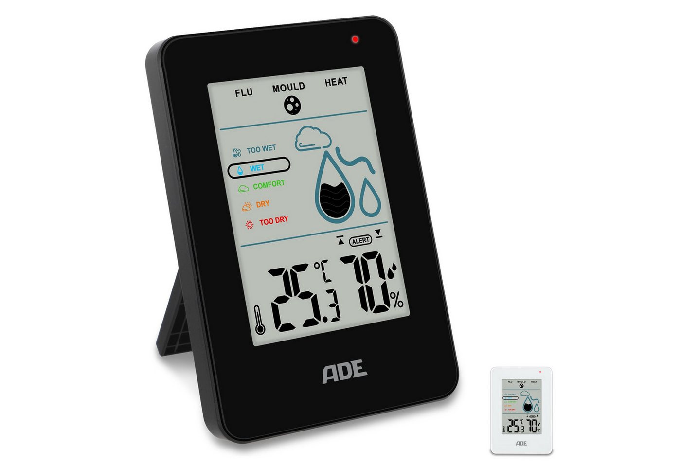ADE Hygrometer Digital, misst Luftfeuchtigkeit, Temperatur und Taupunkt im Innenraum, Mit Schimmelalarm und Komfortanzeige, großes Display fürs Raumklima
