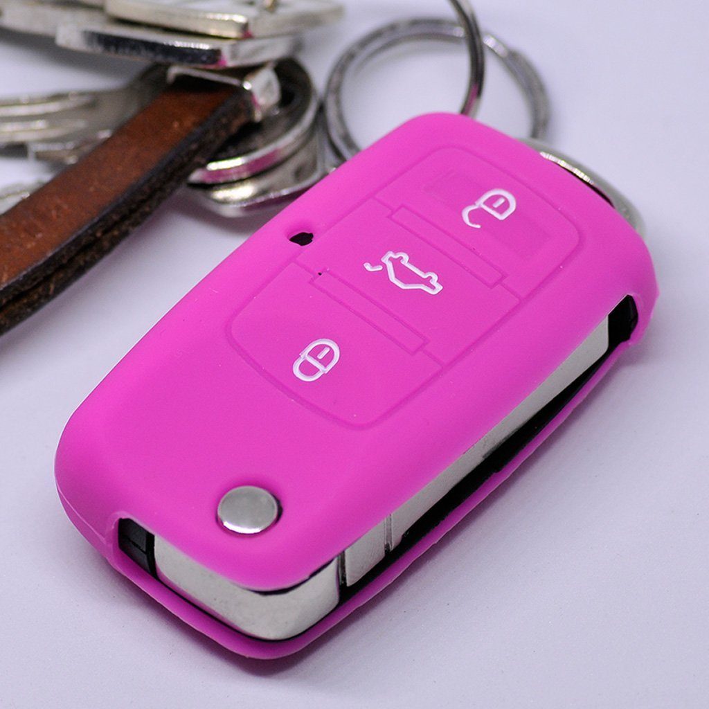 Klappschlüssel Silikon Schlüsseltasche mt-key Softcase 11/2009 Seat Autoschlüssel Pink, VW Skoda Tasten Schutzhülle bis 3 für