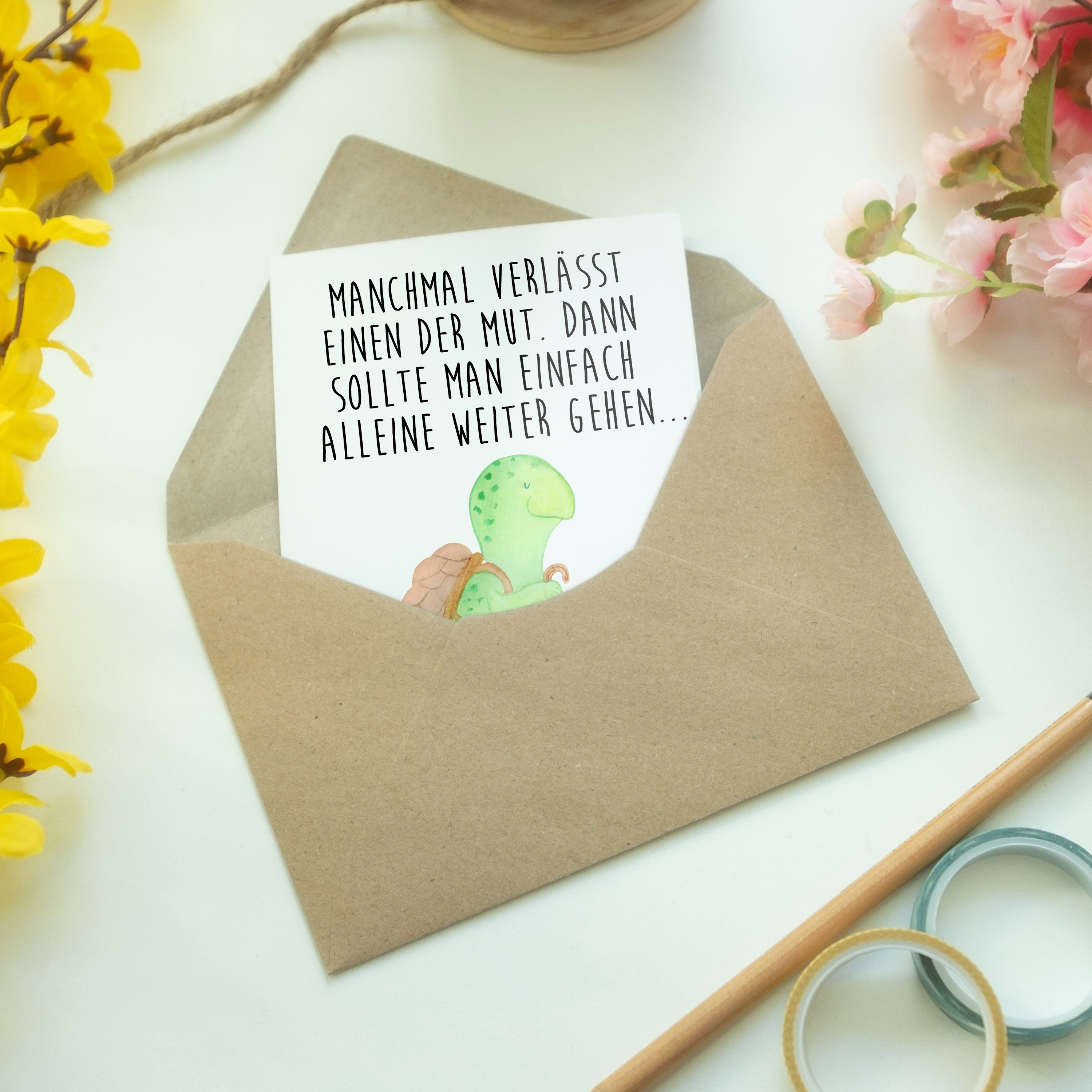 Schildkröte - Weiß Grußkarte Mrs. Panda - Wanderer Geschenk, Motivationssprü Wanderurlaub, & Mr.