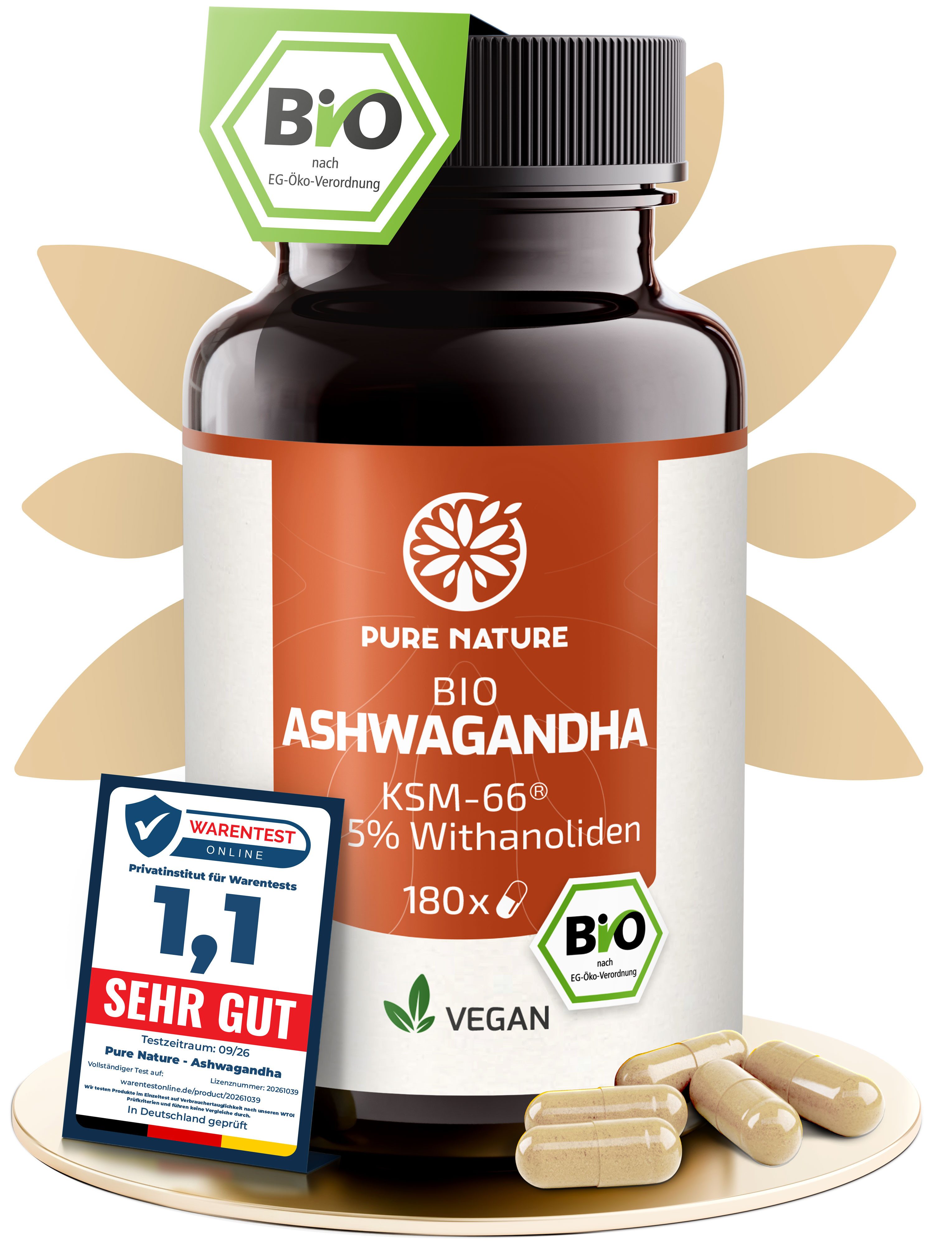 Pure Nature BIO Ashwagandha Kapseln KSM-66 hochdosiert, 30 mg Withanolide Kapseln, 67 g