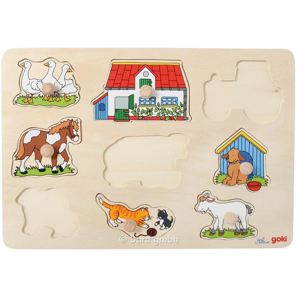 goki Steckpuzzle Bauernhof I, 9 Puzzleteile, aus Holz, mit Holzknöpfen
