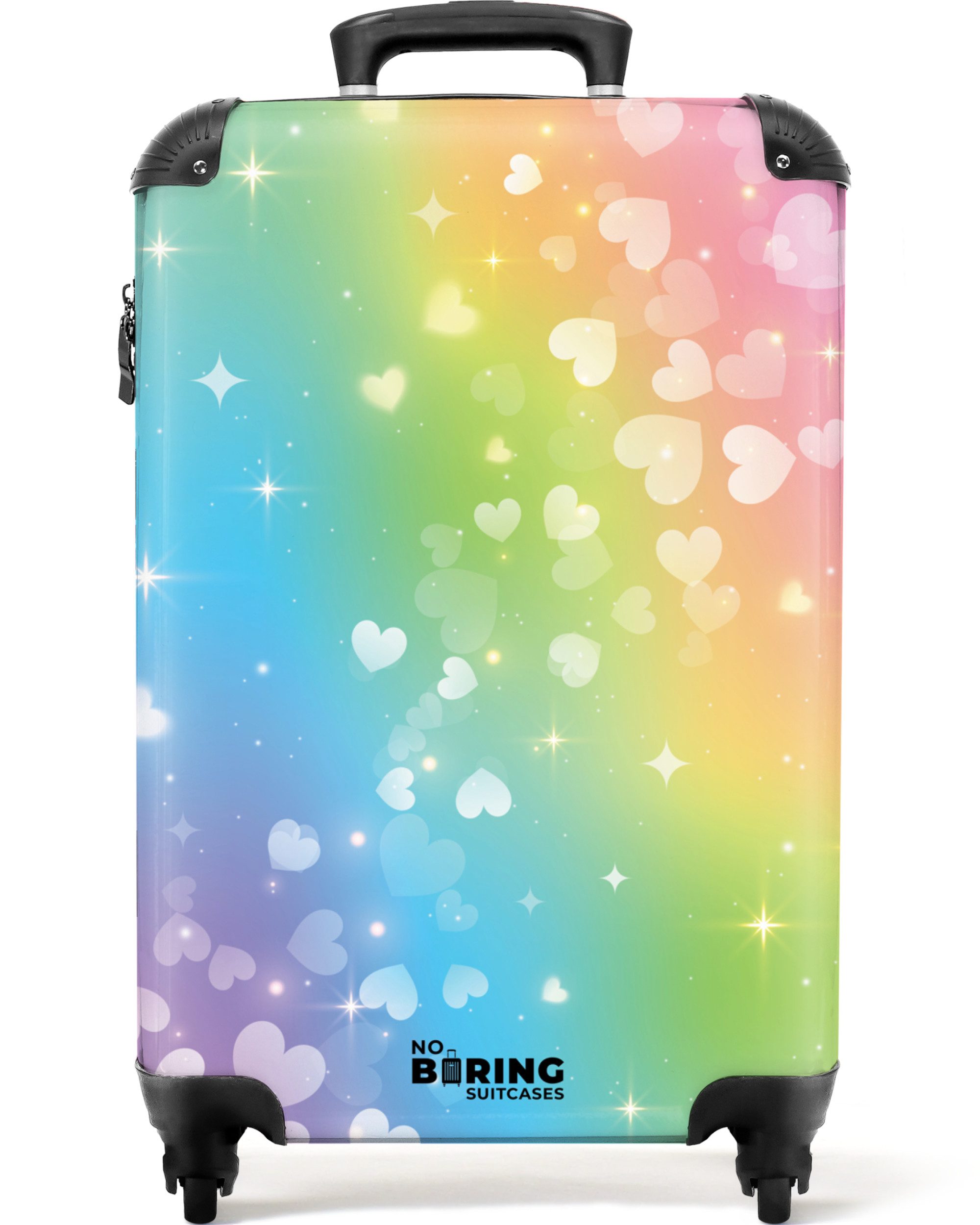 NoBoringSuitcases.com© Kinderkoffer Herzen für Regenbogen-Hintergrund 55x35x20cm, Reisetasche mit Rollen, Koffer Handgepäck Flugzeug