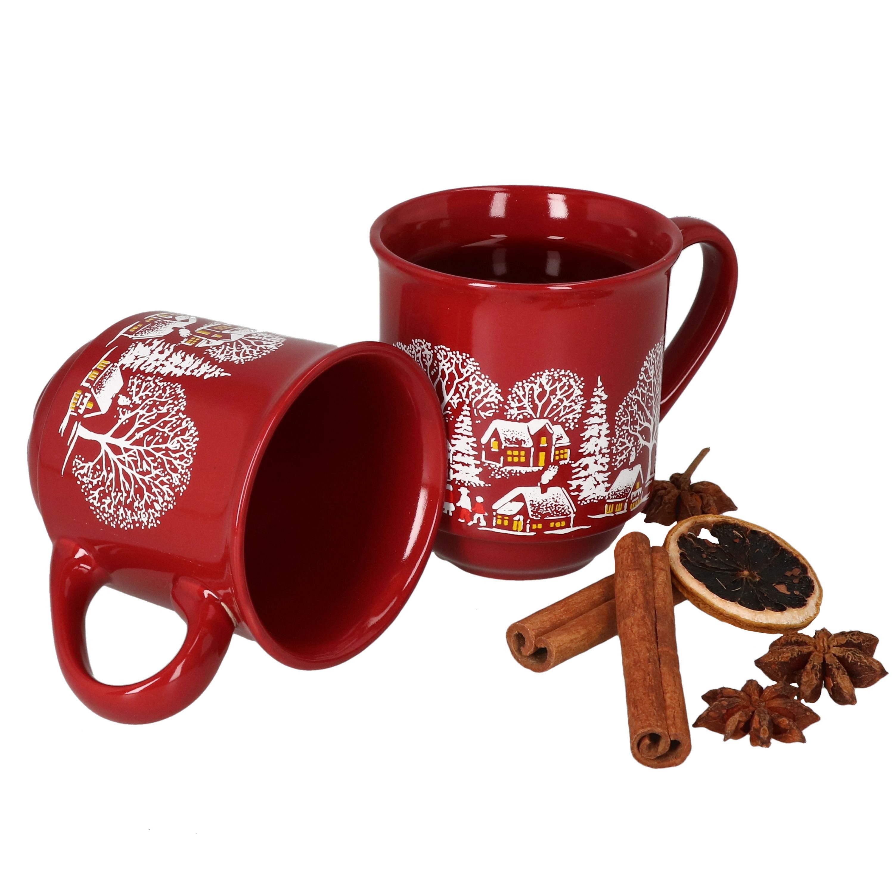 MamboCat Tasse 36er Set Glühweinbecher dunkelrot Weihnachtslandschaft 0,2L geeicht, Porzellan, Weihnachtsgeschirr, Weihnachten, Weihnachtsmarkt, Punsch