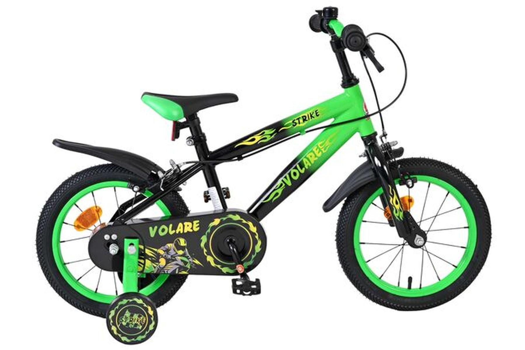 Volare Kinderfahrrad Strike 14 Zoll für Jungen in Schwarz/Grün mit zwei Handbremsen, Stützräder, geschlossener Kettenschutz, Reflektoren, Klingel