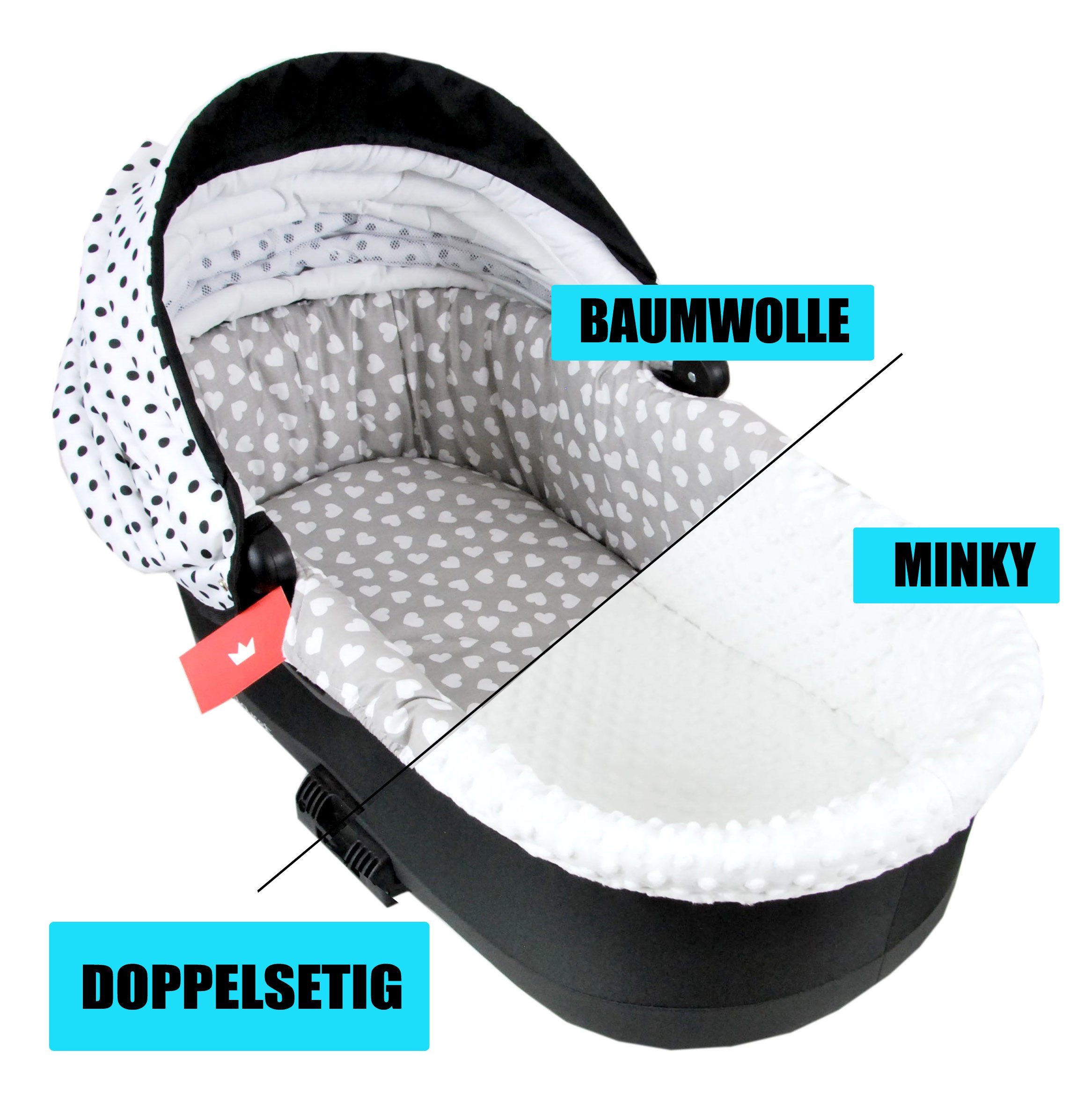 BabyLux Kinderwagen-Bezug BABYLUX Nestchen für Kinderwagen BABYWANNE + Matratze 2 Tlg Set, W7. Weiß + Herzen