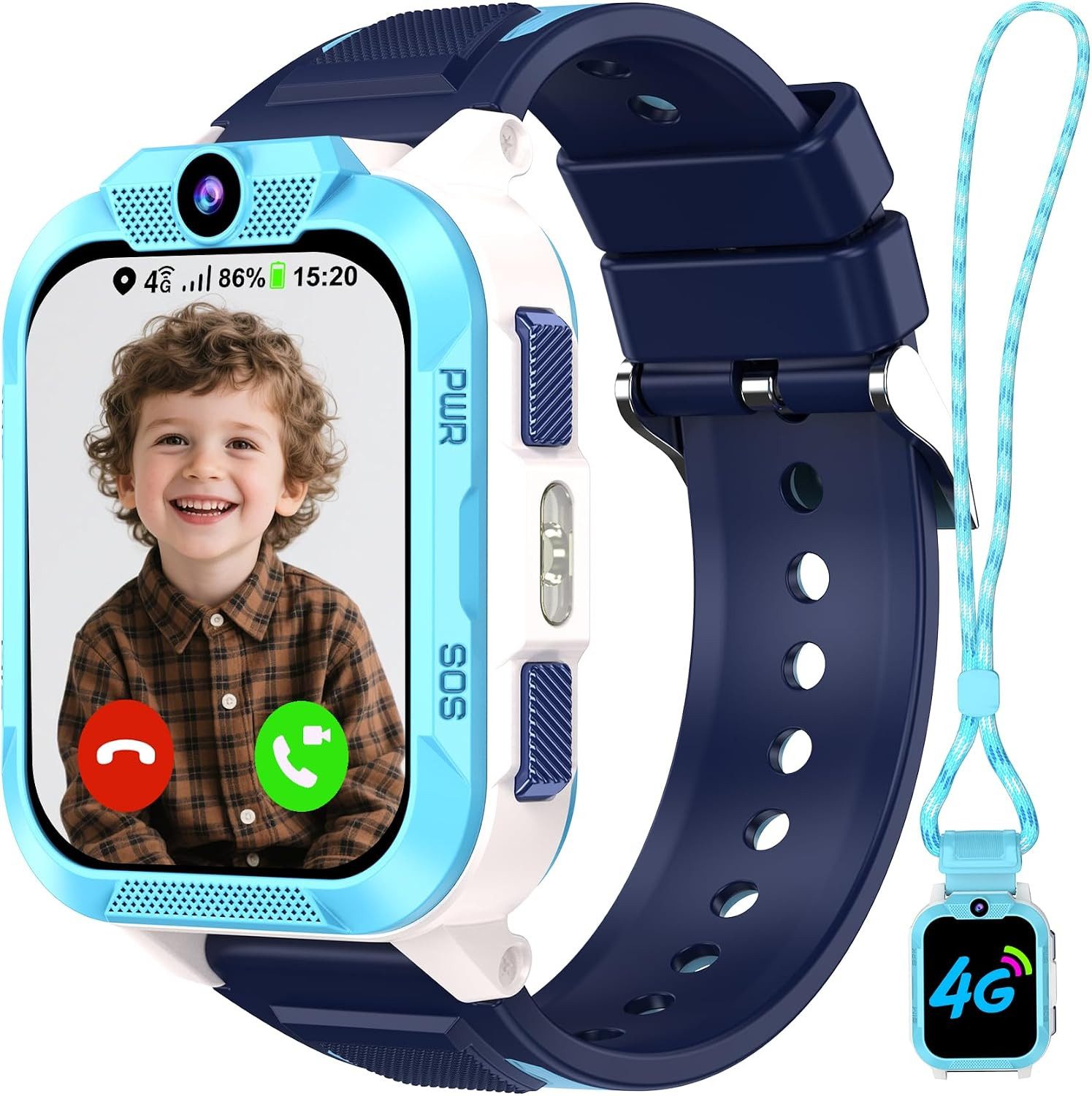 blackview Kinder-Smartwatch mit SIM-Kartensteckplatz,GPS + WiFi + LBS-Tracker,4G Smartwatch (1.85 Zoll, iOS&Android), 1-tlg., Magnetisches Ladekabel, Smartwatch-Gehäuse mit Nackenband, Taschenlampe, SOS Notruf, Schulmodus, Telefonanruf, Sprachchat, IP67