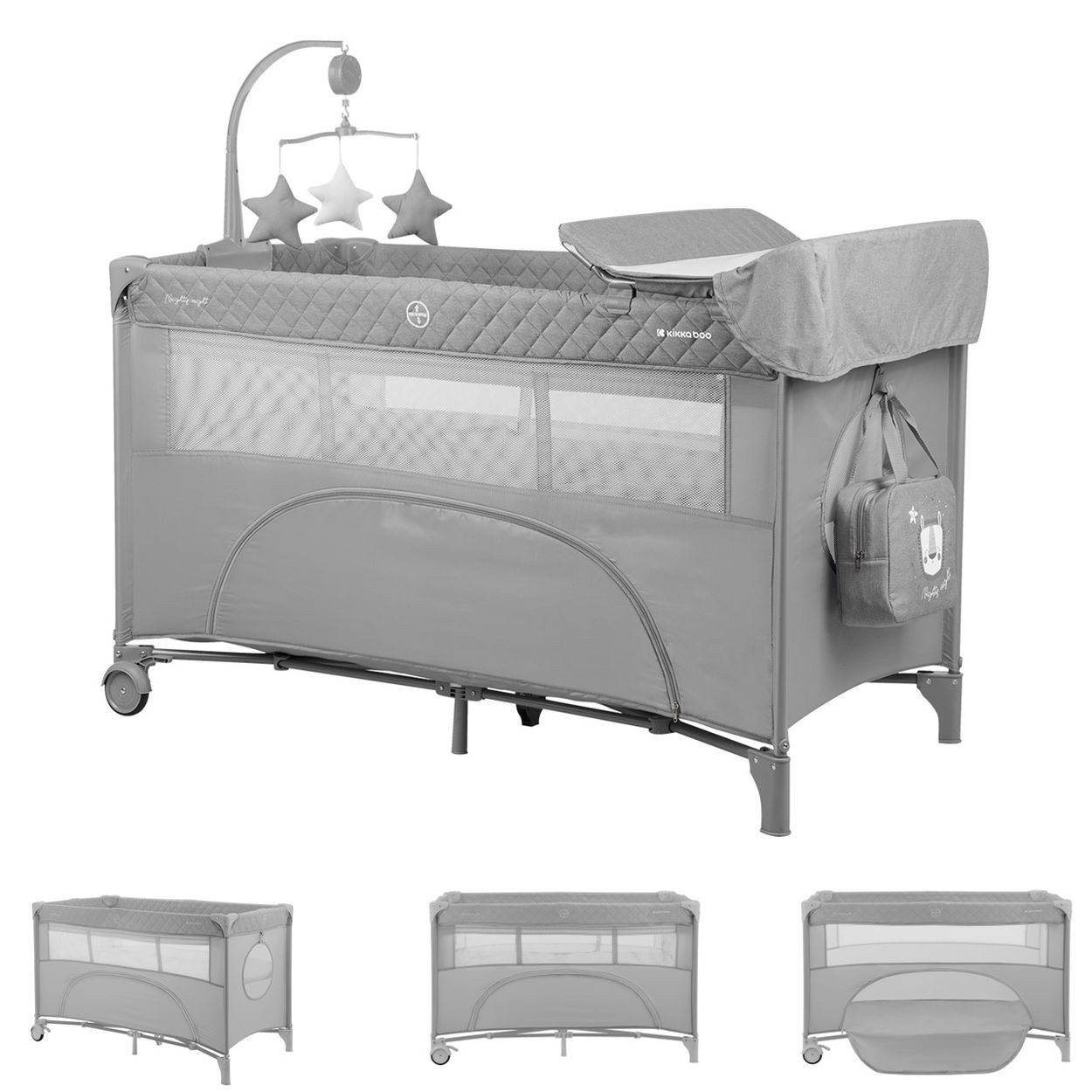 Kikkaboo Baby-Reisebett Reisebett Nighty Night, 2 Ebenen, Spielbogen, 2 Räder, Wickelauflage
