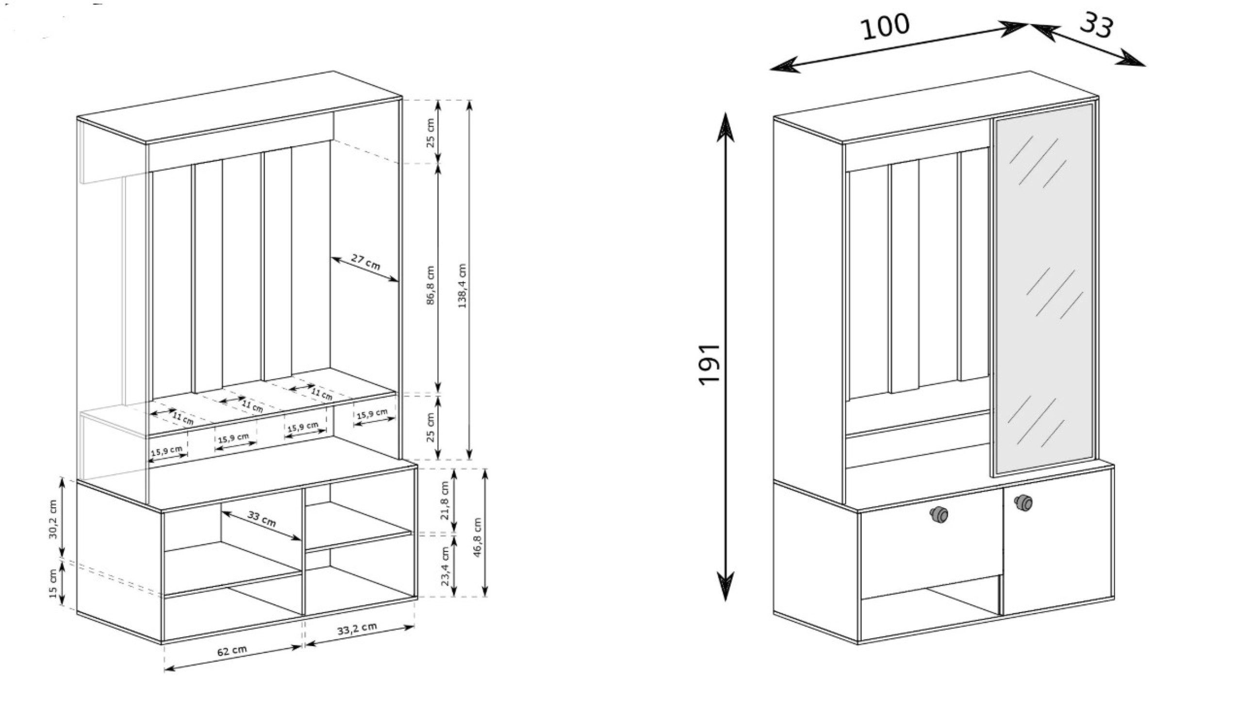 Masseno Garderobenschrank SETA 100 x 190 cm Flurmöbel mit Spiegel und 3 Türen Kaschmir