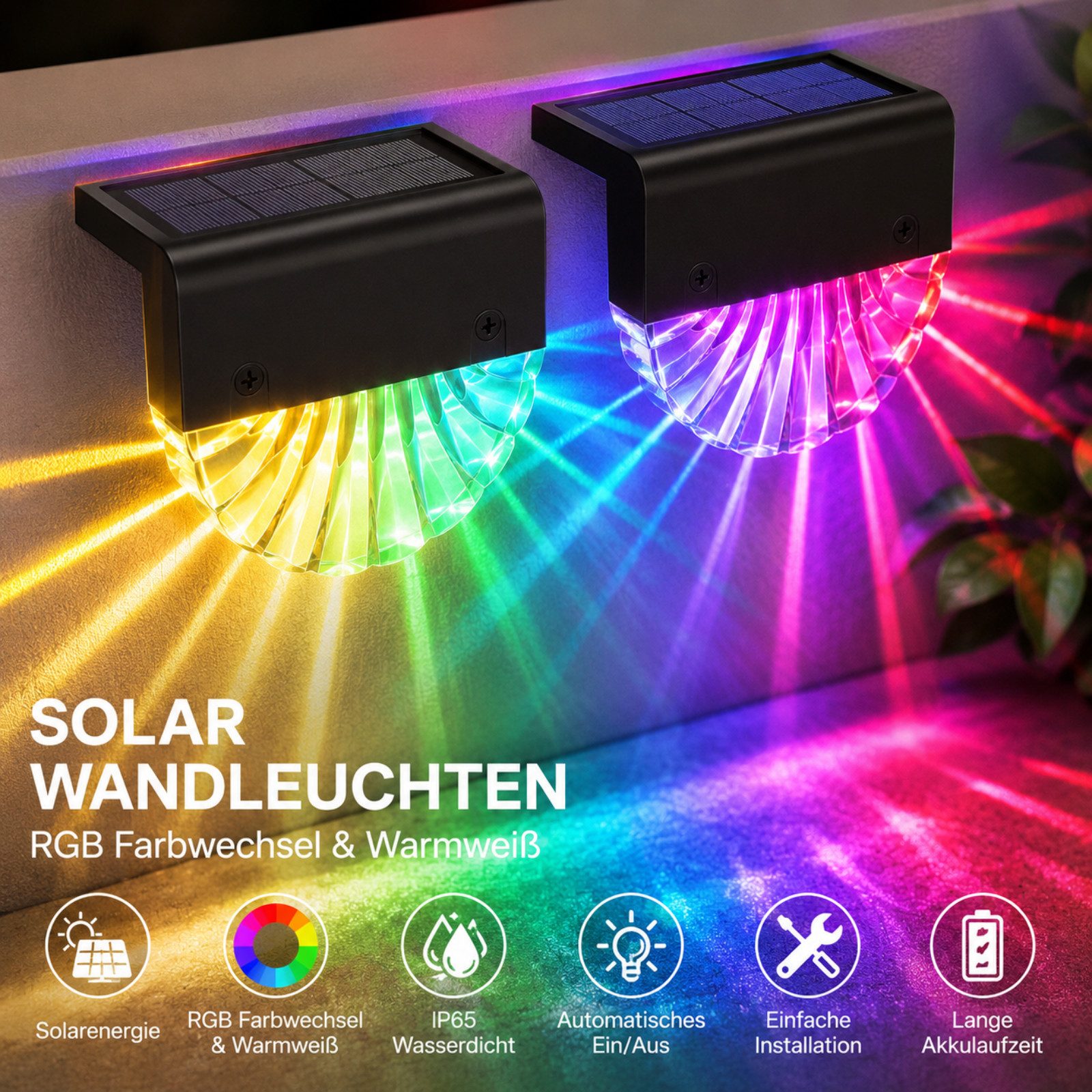 Luckice LED Außen-Stehlampe Solarleuchten Außen Garten 2er Set, Solar Zaunleuchten mit, Warmweiß & 7 Farben RGB, IP65 Solar Gartenleuchten mit 2 Lichtmodi, Sola – Bild 3 von 5