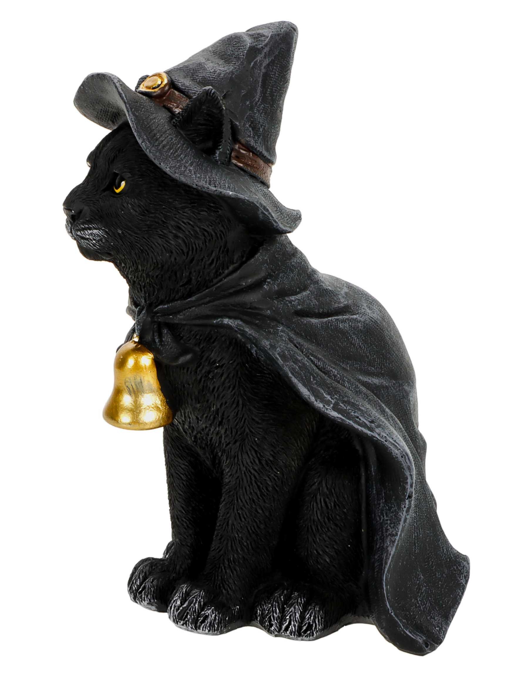 Wurm Dekofigur Hallween Deko (1 St., Katze mit Hexenhut, Cape & goldener Glocke), Halloween Hexenkatze