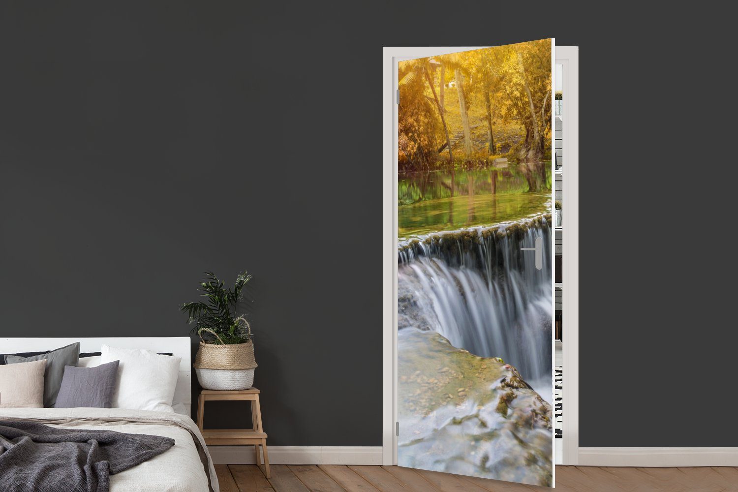 Wasserfall bedruckt, Tür, MuchoWow Natur Herbst - Türtapete Matt, für 75x205 (1 Fototapete cm - Bäume, - St), Türaufkleber,