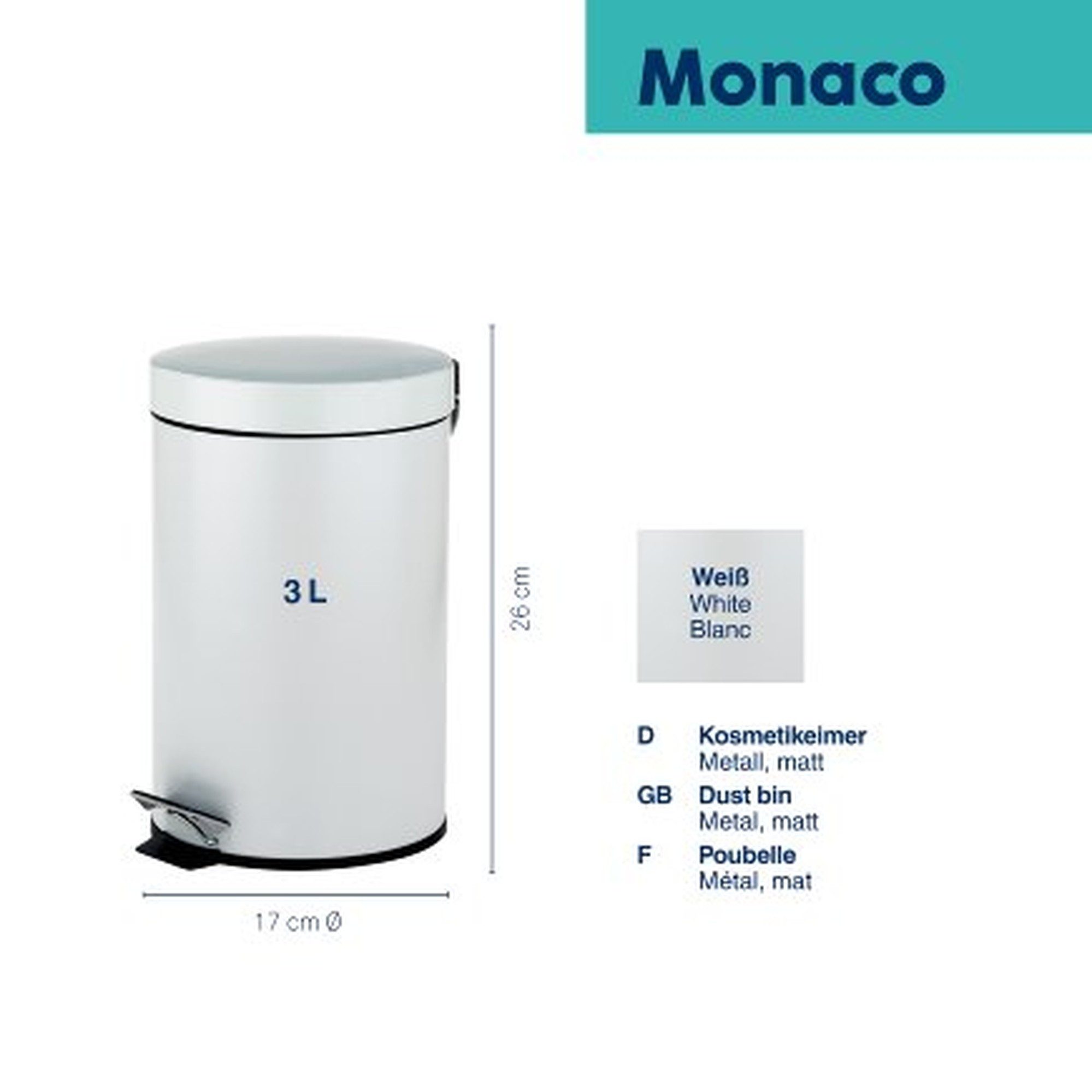 kela Kosmetikeimer Kosmetikeimer Monaco 3 Liter Treteimer Metall matt weiß