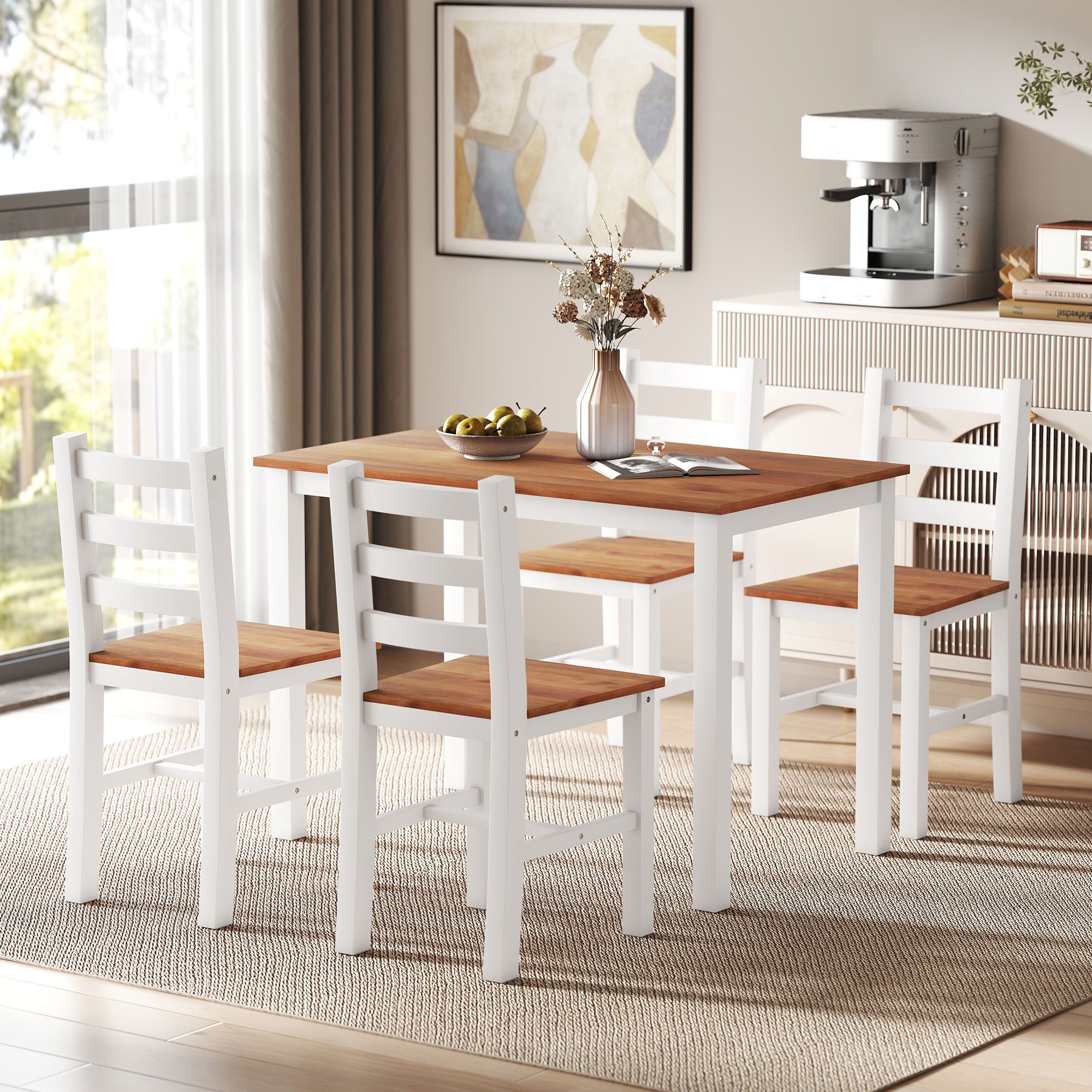 HOMCOM Essgruppe Esstisch mit 4 Stühlen Platzsparend Esszimmergruppe, (Rechteckig Küchentisch-set, 5-tlg., Sitzgruppe aus Kiefernholz), für Esszimmer, Küche, 108 x 65 x 75 cm, Braun+Weiß