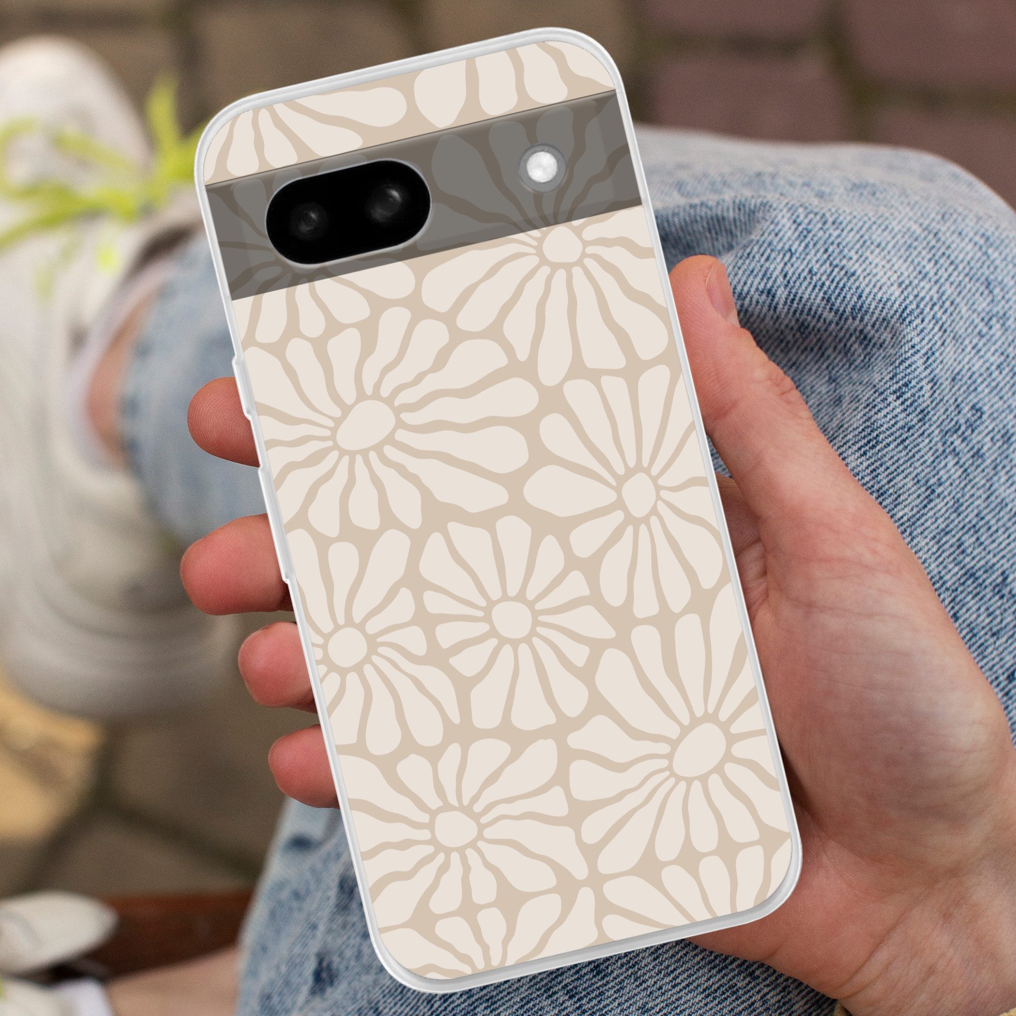 MuchoWow Handyhülle für Google Pixel 8a Floral - Druck - Beige - Braun - Minimalistisch, Phone Case, Silikon, Schutzhülle Dünn