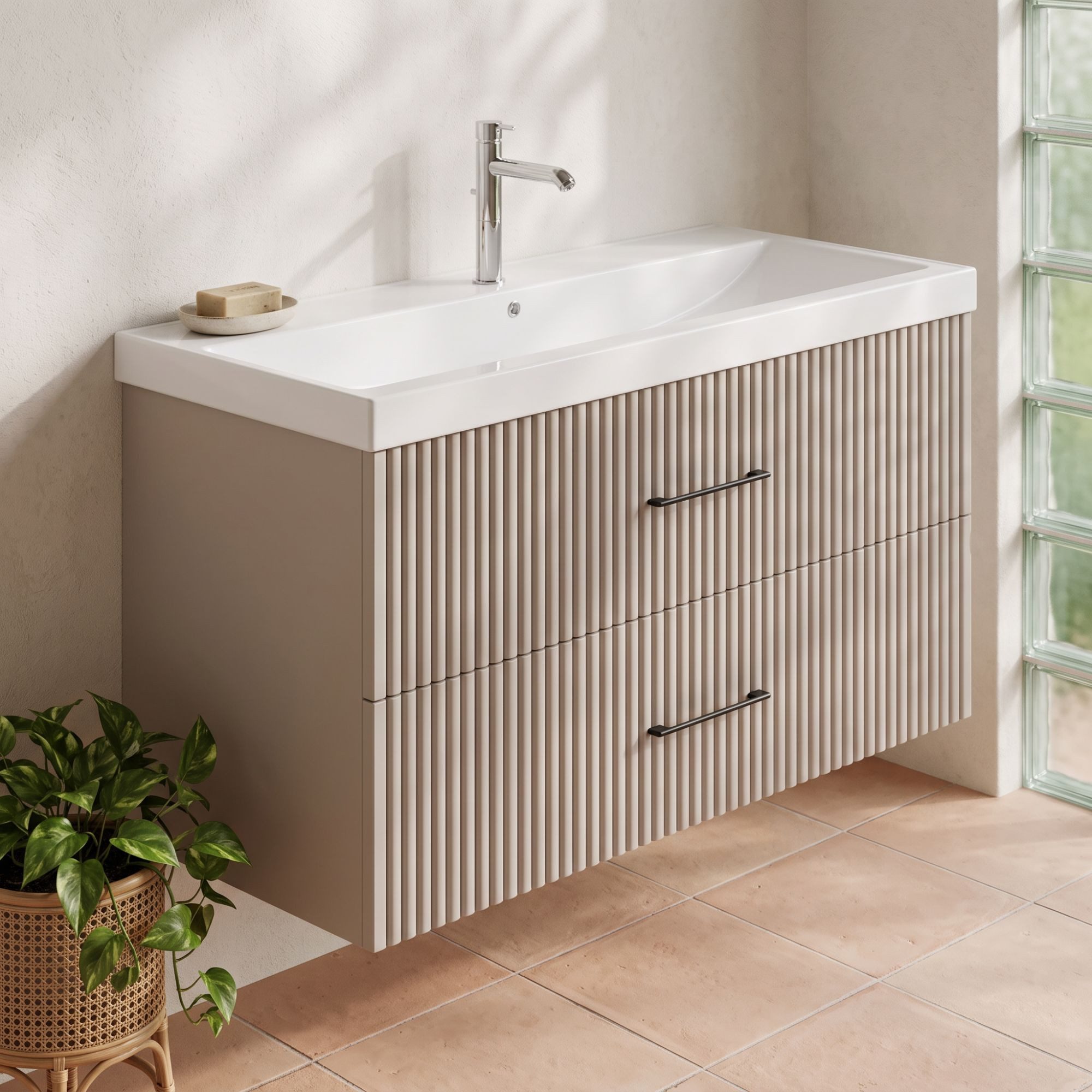 Karen Waschtisch-Set Waschtisch mit Unterschrank Liana, (2-St., Der Lieferumfang umfasst Unterschrank und Waschbecken), Pastellfarben, Riffeloptik, Bügelgriffe, Softclose