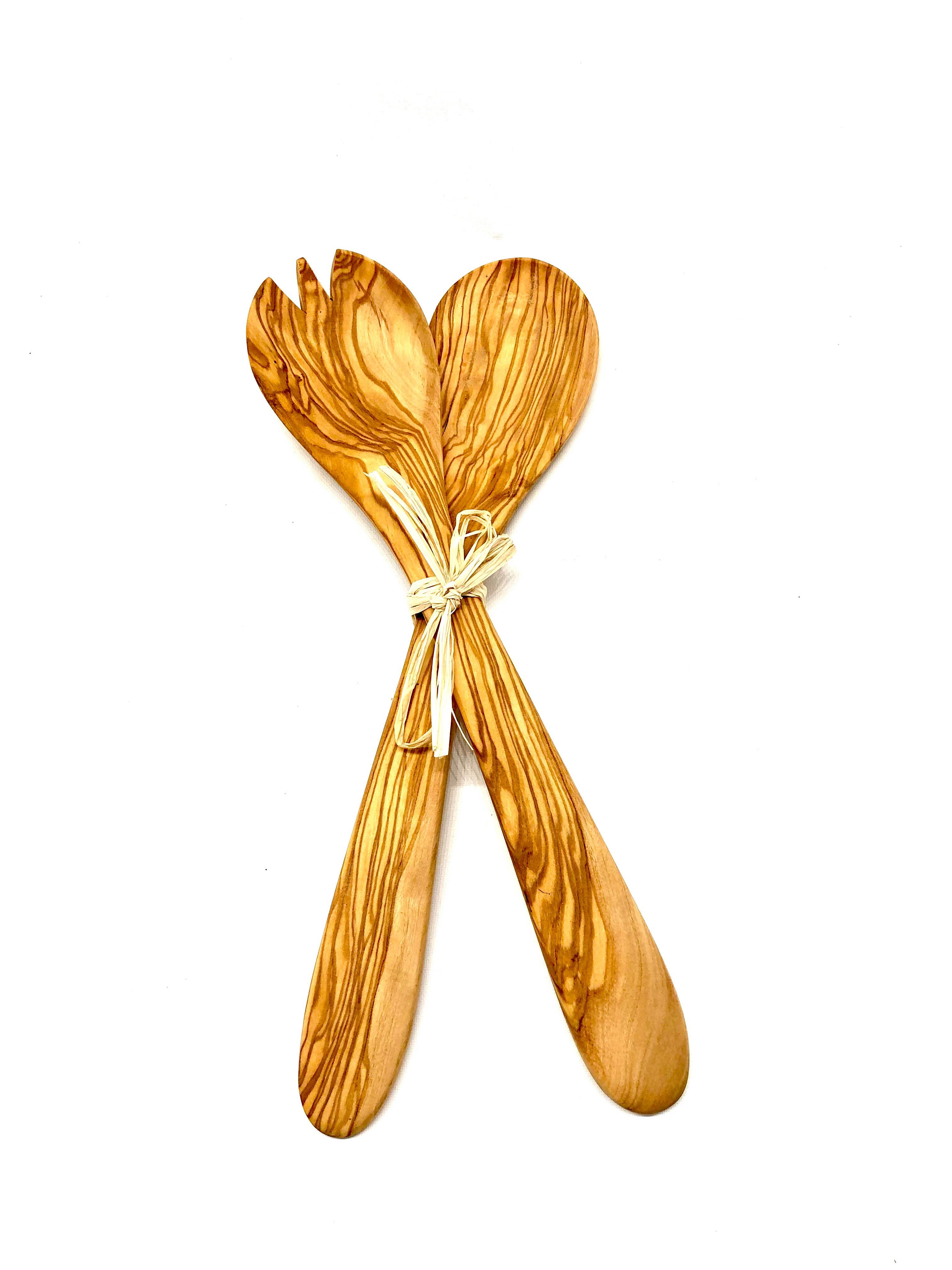 Olivenholz-erleben Salatbesteck aus echtem Olivenholz, mit Bastband gebunden, ca. 30 cm lang (Set, 2-tlg., 1x Salatgabel und 1x Salatlöffel), antibakterielle Wirkung, lebensmittelecht und geschmacksneutral