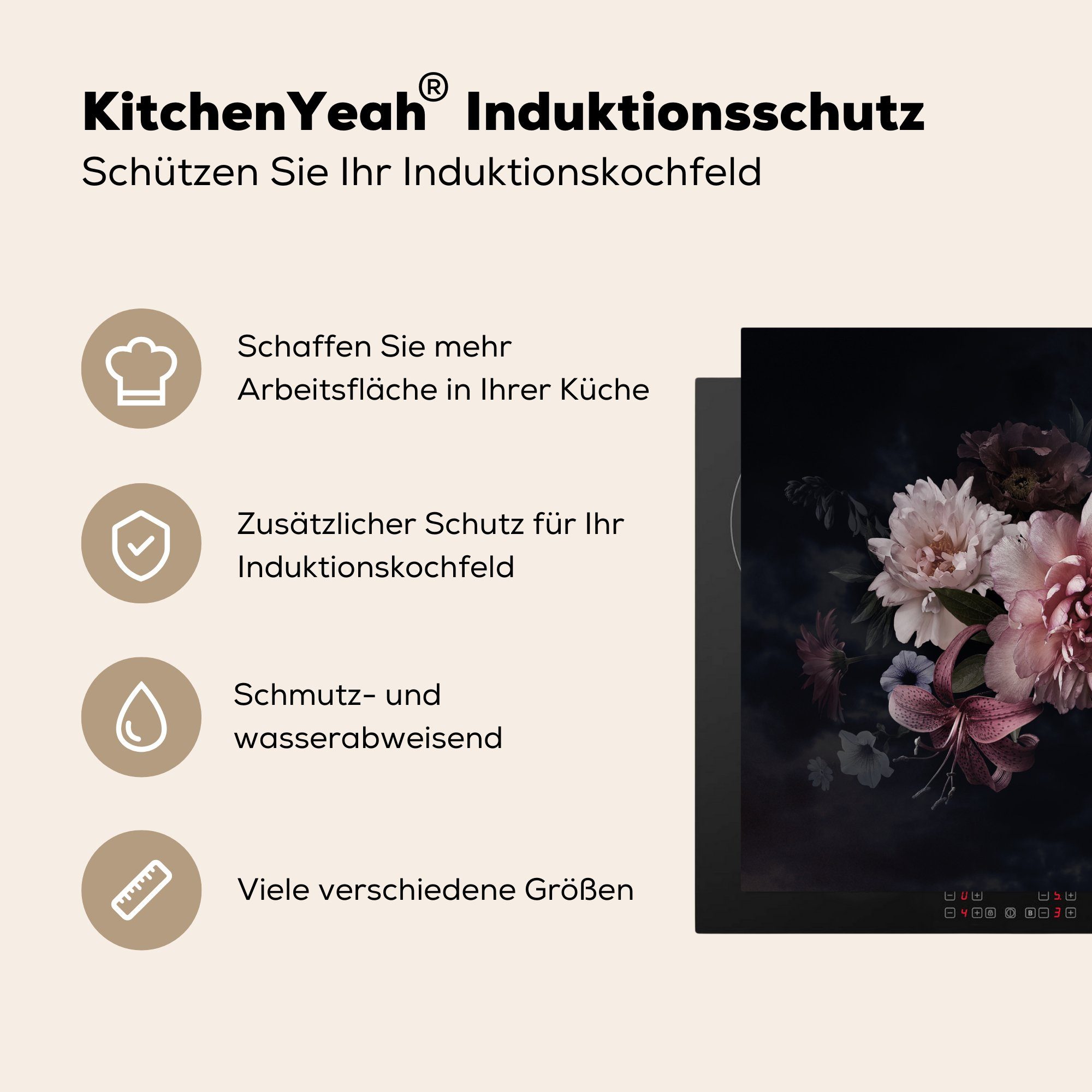 küche - (1 77x59 MuchoWow Blumen - Ceranfeldabdeckung, Vinyl, Schwarz tlg), Blumenstrauß, für cm, Pastell Herdblende-/Abdeckplatte Vintage - - Arbeitsplatte