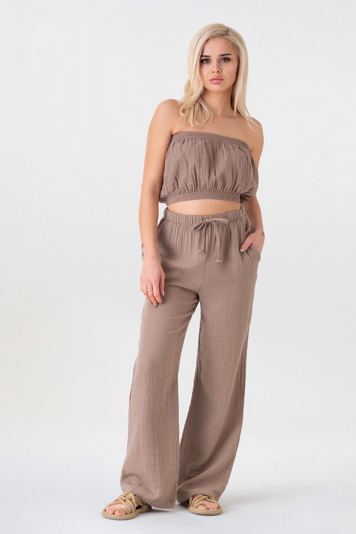 WENOR Palazzohose Damen Musselin-Hose - Sommerhose 100 % Baumwolle, elastischer Bund Weiter Beinverlauf, Musselinstruktur, luftiger Schnitt
