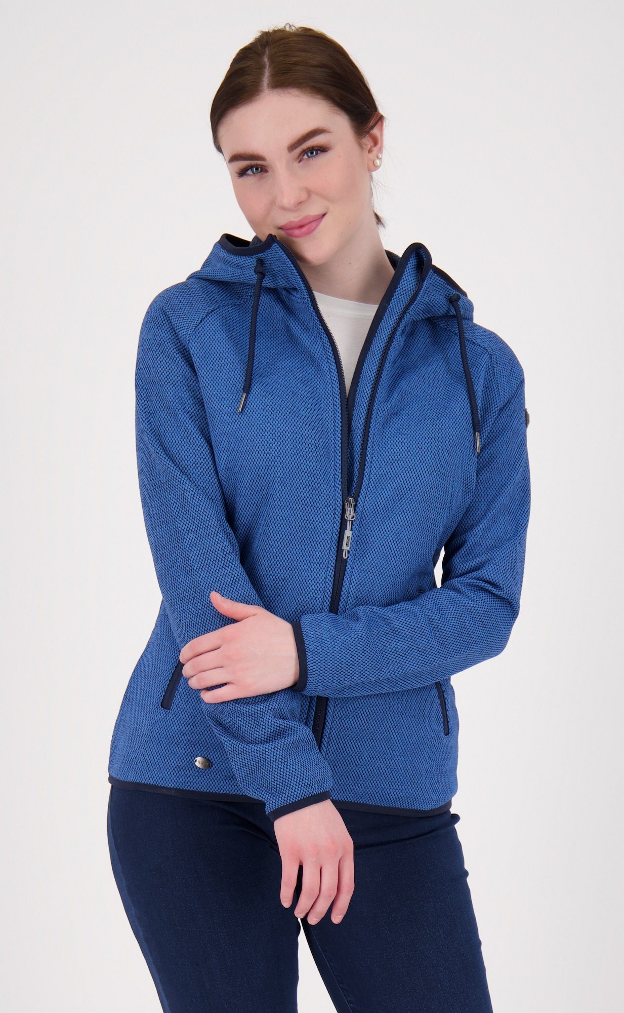 WOMEN denim Kapuze, Active DEPROC Damenjacke Größen Kapuzenfleecejacke Fleecejacke, mit auch dark XANA Strickfleece Großen CS in