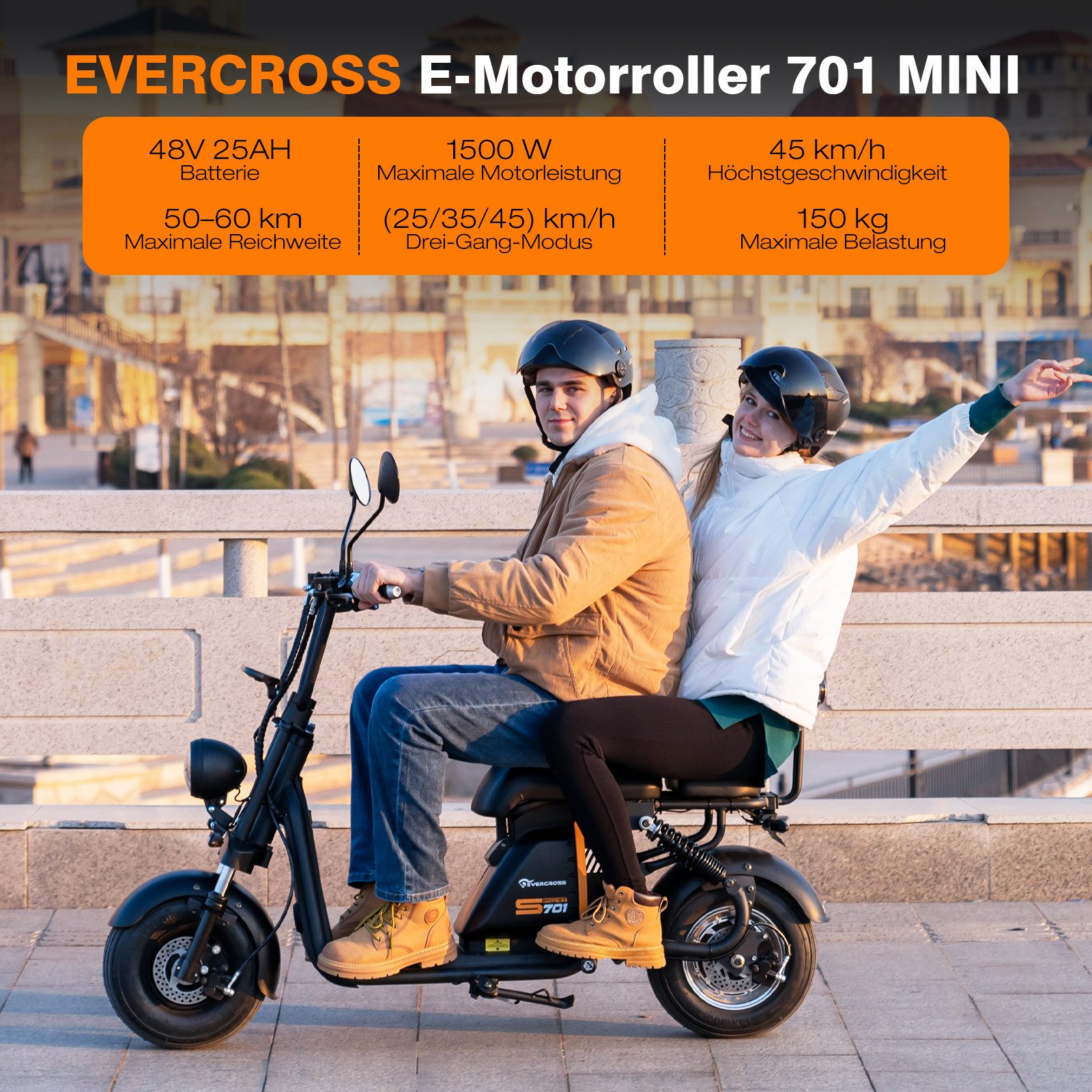 EVERCROSS TECH Electric Scooter 48V-25Ah, AM License, 1500W, 60km/h, 45km/h, LED Display, Turn Signals, Remote Key, Alarm System, Dual Shock Absorbers