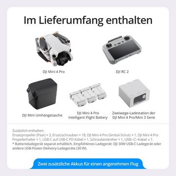 DJI Mini 4 Pro Fly More Combo mit DJI RC 2 Fernsteuerung Drohne mit Kamera Drohne (Ultra HD, 34 Minuten Flugzeit, 2 zusätzliche Akkus, Klasse-C0, Mini-Drohne mit Kamera 4k Video GPS, Bildschirmfernsteuerung faltbare Mini-Drohne mit 4K-Kamera, unter 249g)