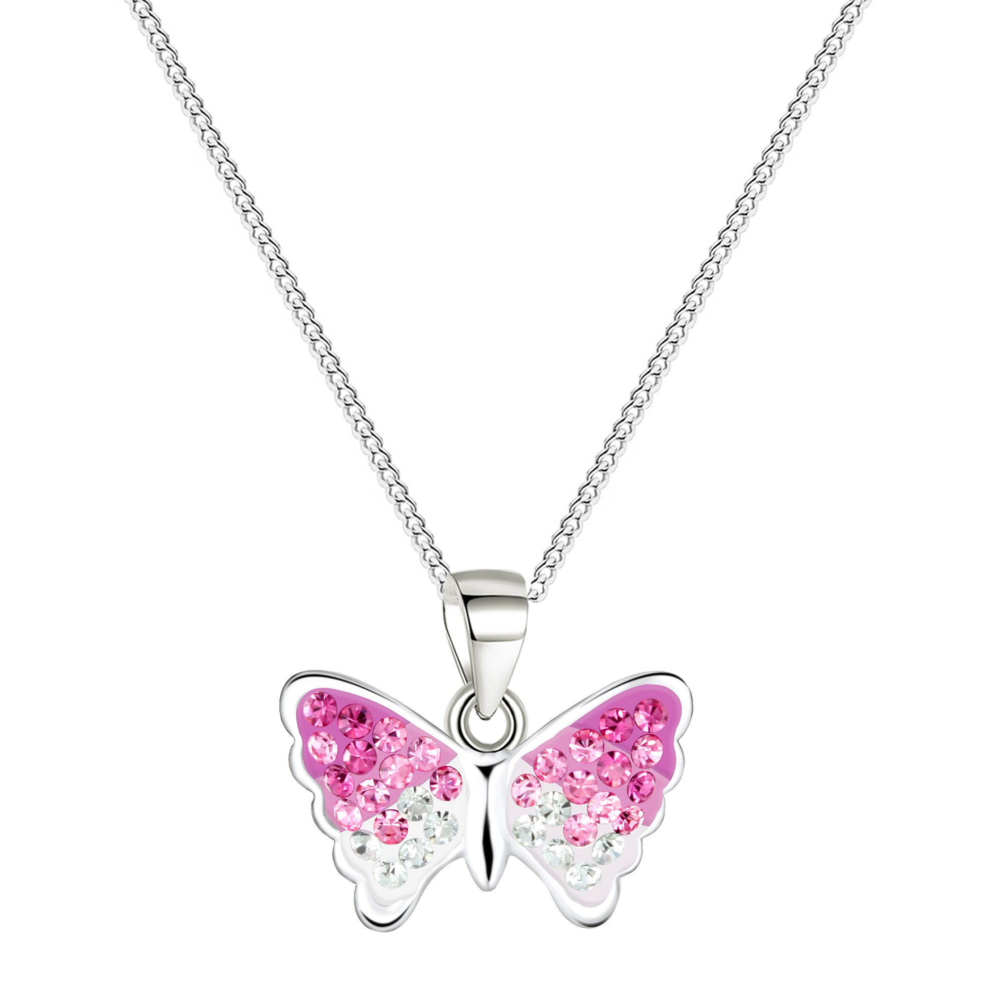 LÖB Kette mit Anhänger 925 Silber Halskette Kinder Kette Schmetterling Glitzer Steine Rosa (Geschenke für Frauen Damen Beste Freundin Mutter Mama Ehefrau Oma sie zum Geburtstag Schmuck Sommer), Silberkette Mädchen Bunt Anhänger Kinderschmuck Kinderkette