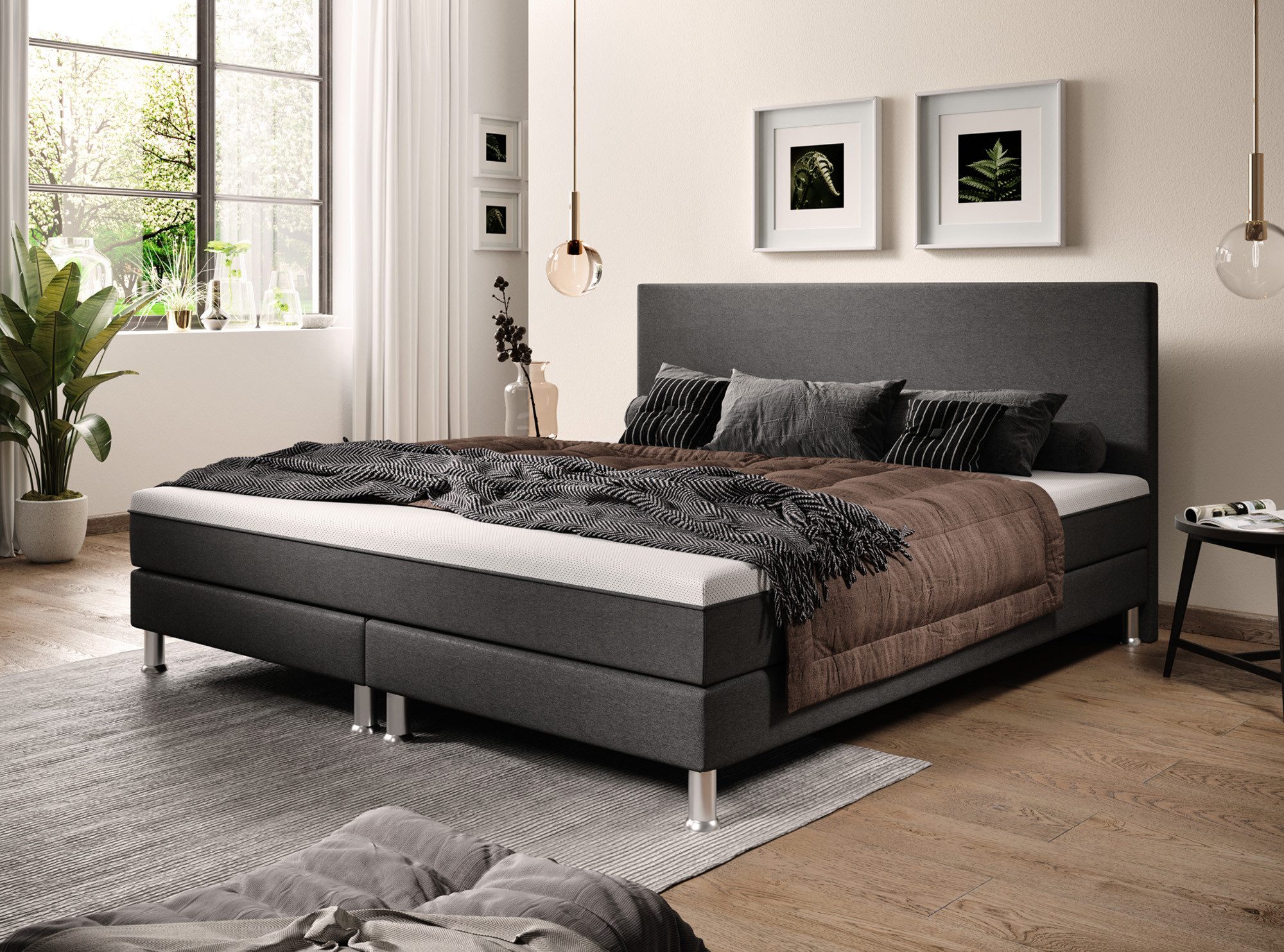 inter Boxspringbett Sunny Webstoff mit 7 Zonen Taschenfederkernmatratzen und Topper-Optik (180x200 cm, Anthrazit mit 7 Zonen Taschenfederkernmatratzen und Topper-Optik), Taschenfederkern-Komfort, gepolstertes Kopfteil, inklusive Matratzen