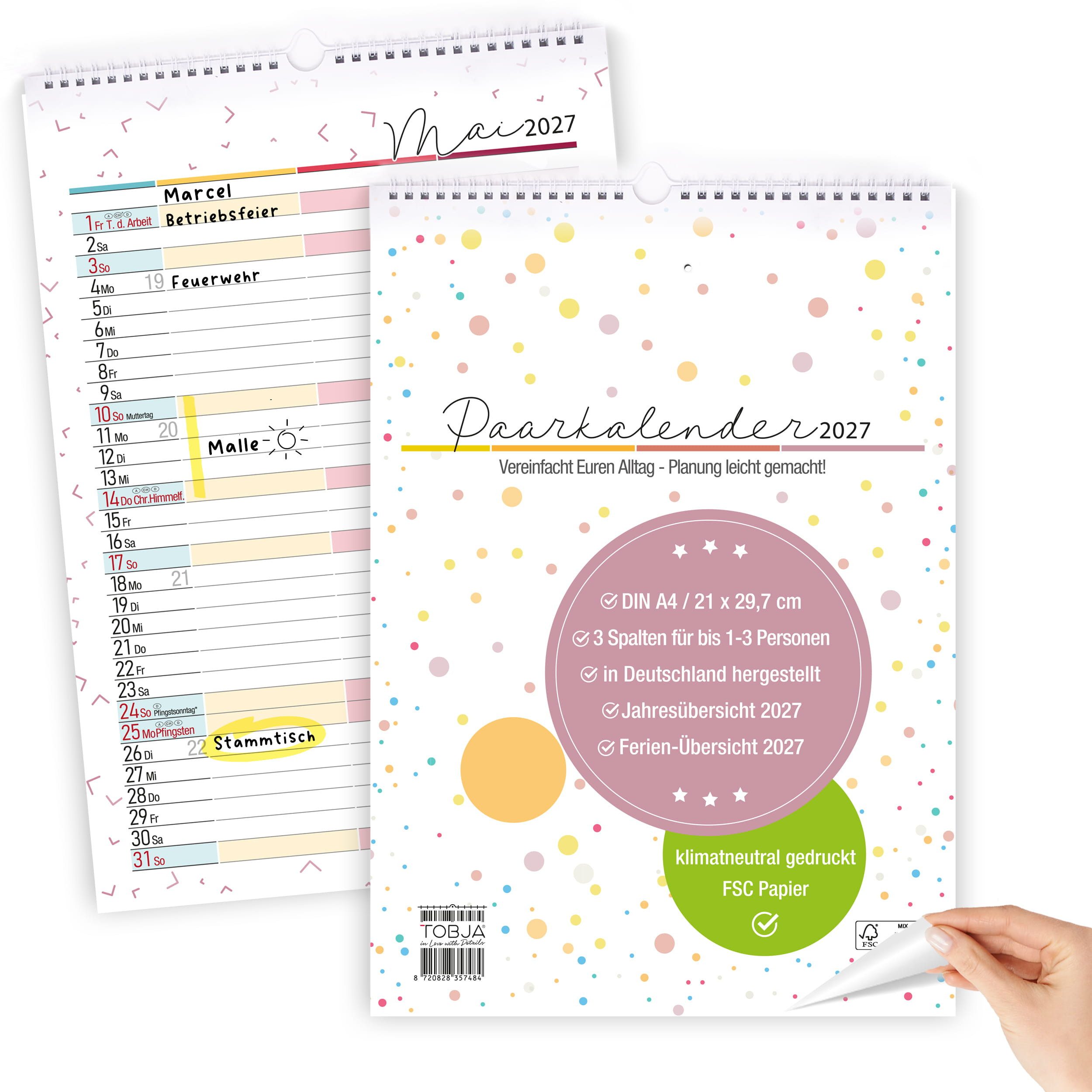 TOBJA Wandkalender Paarkalender 2027 A4 Hochformat 3 Spalten Familienplaner FSC, 3 Spalten 1-3 Personen, 250g FSC, klimaneutral, Dots, Ferien DE+AT