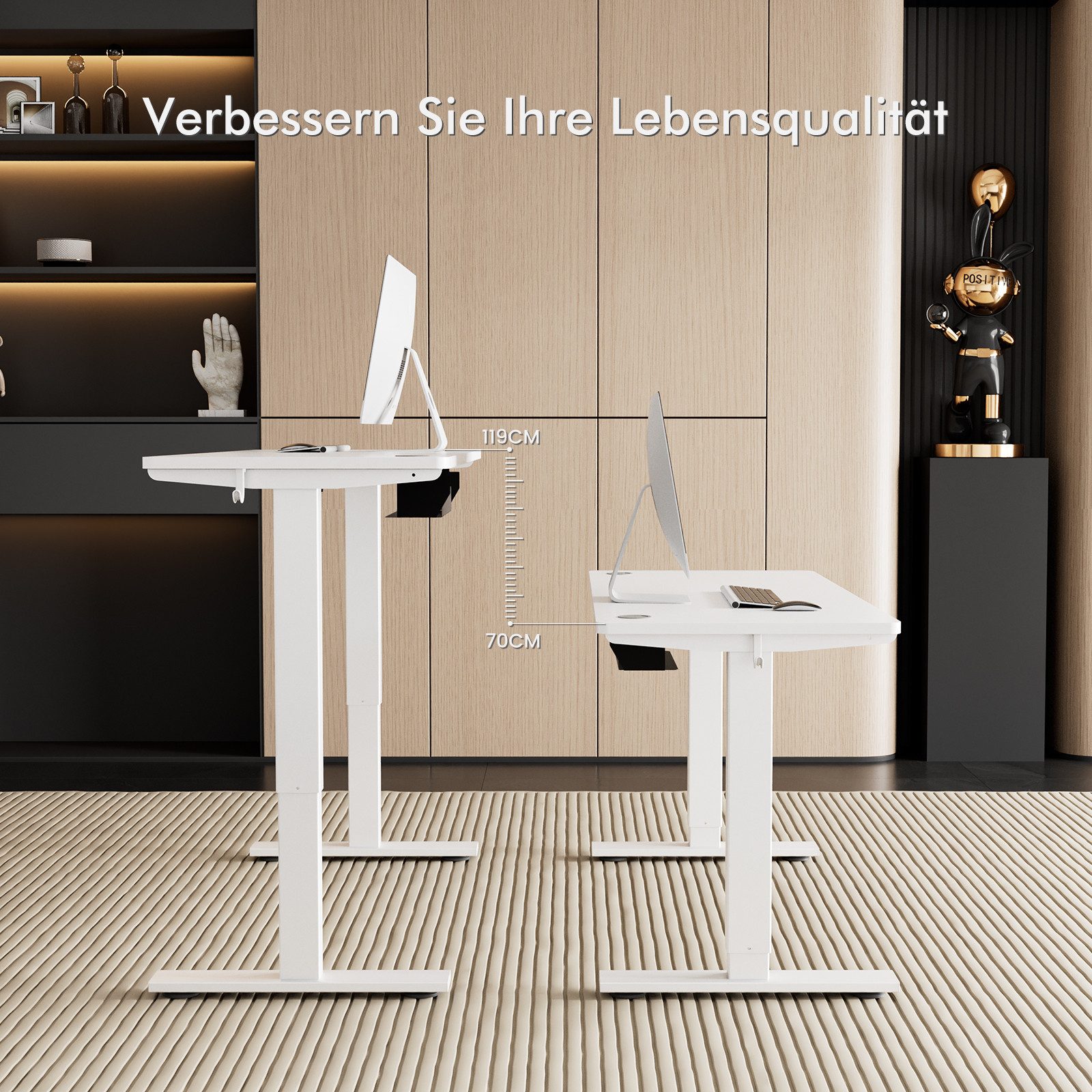 HOMAVO Schreibtisch Höhenverstellbarer schreibtisch mit Memory- und Rebound-Funktion (Sitz-Steh-Erinnerung), inkl. Kabelwanne & USB/Typ-C-Anschlüssen, Tischplatte 18 mm