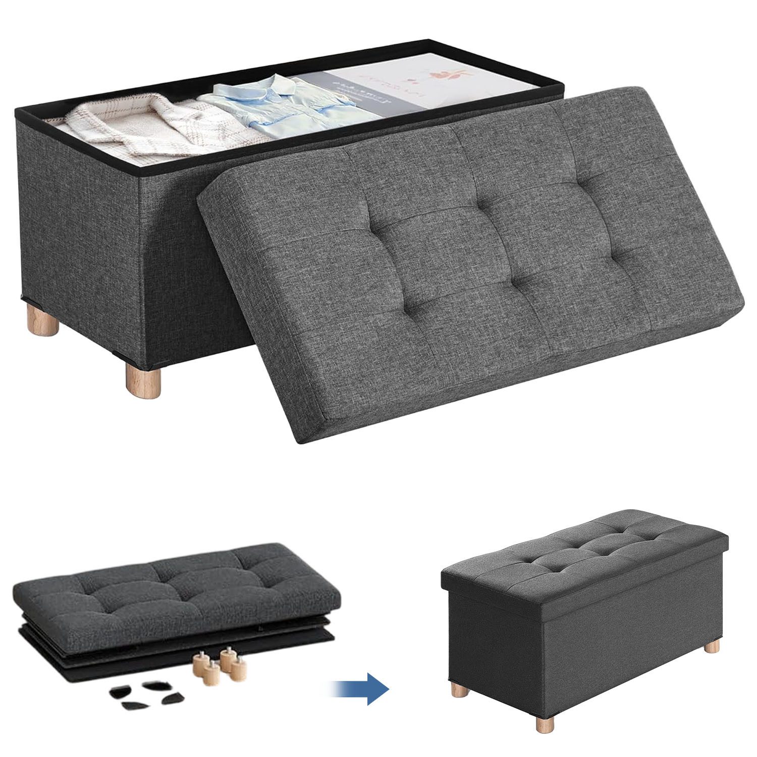 SURFOU Sitzhocker mit Stauraum und Deckel Aufbewahrungsbox Fußhocker bis 300 kg (für Wohnzimmer Schlafzimmer Flur), Hocker mit Stauraum mit Holzfüßen