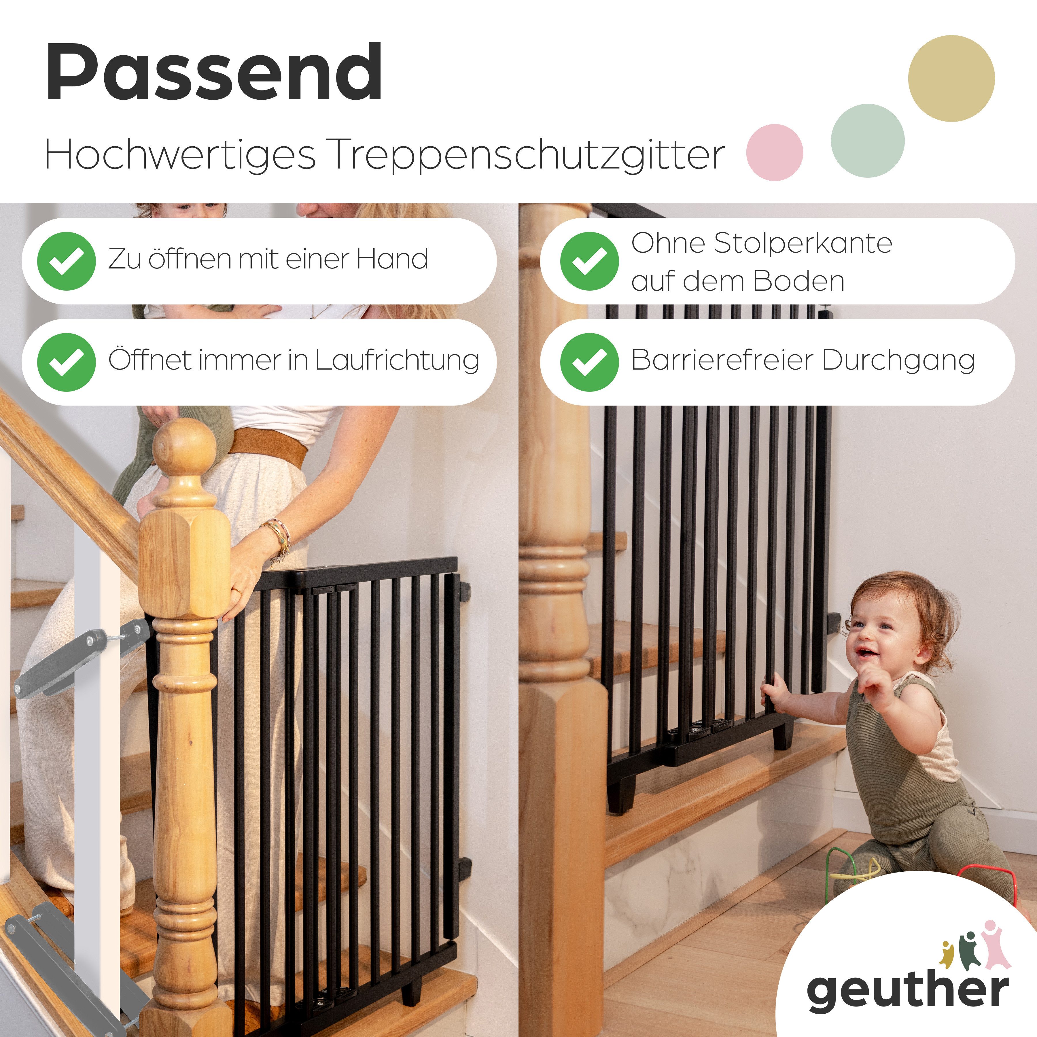 Geuther Treppenschutzgitter Oris zum Bohren 67-135 cm Schwarz, Für Erwachsene leicht zu öffnen