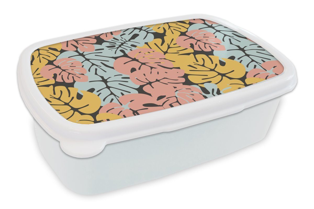 MuchoWow Lunchbox Monstera - Hawaii - Gestaltung - Pastell, Kunststoff, (2-tlg), Brotbox für Kinder und Erwachsene, Brotdose, für Jungs und Mädchen weiß