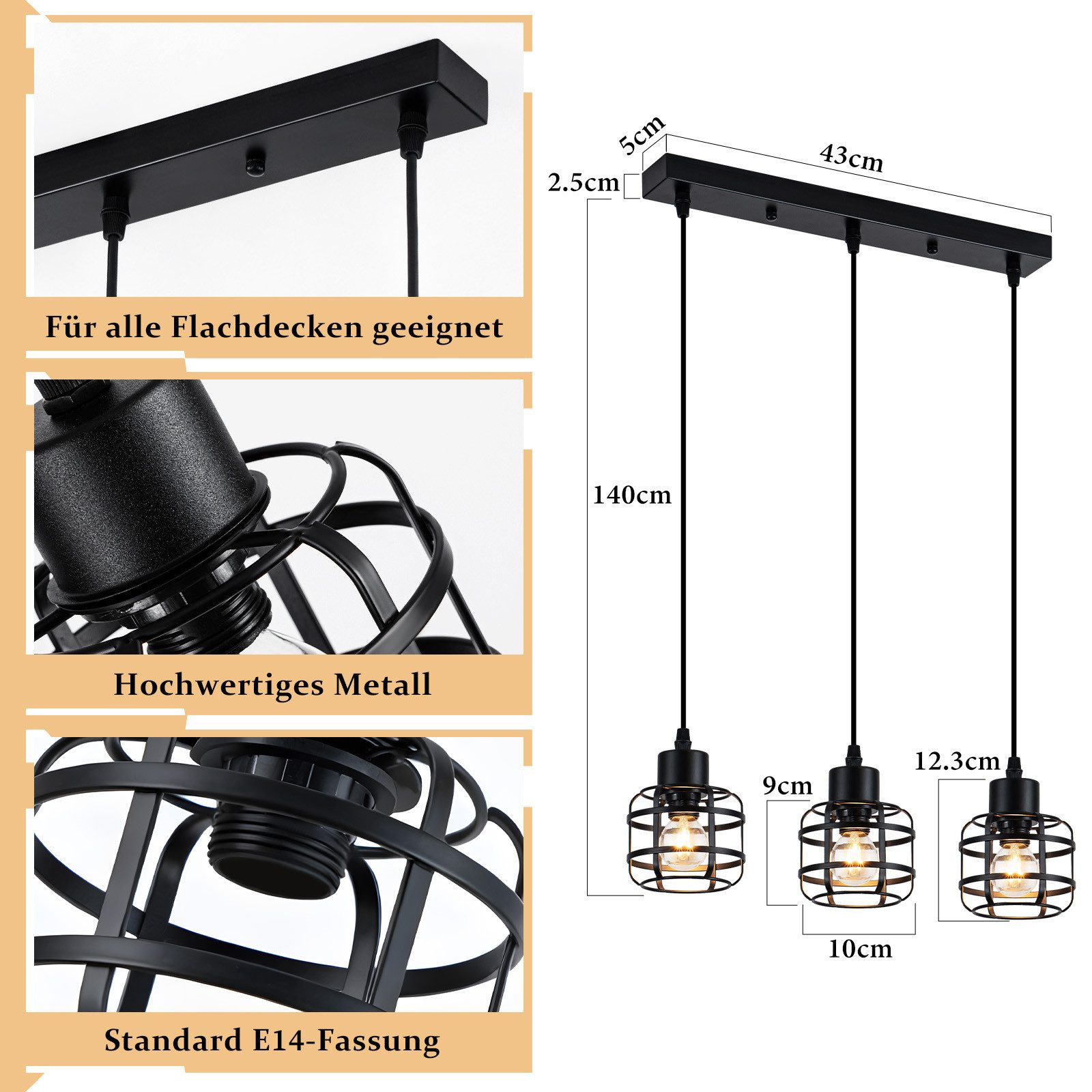 Nettlife Pendelleuchte Vintage schwarz Hängelampe industrielle 1/3-flammig rund E14, Höhenverstellbar, ohne Leuchtmittel, für Esstisch, Kücheninsel, Bars, Cafés und Restaurants