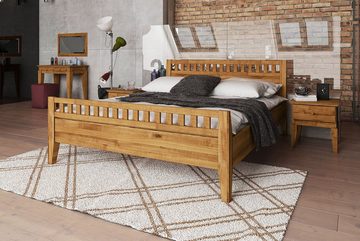 Natur24 Einzelbett Bett Sydo 6 Wildeiche 80x200cm mit Holzkopfteil und hohem Fußteil