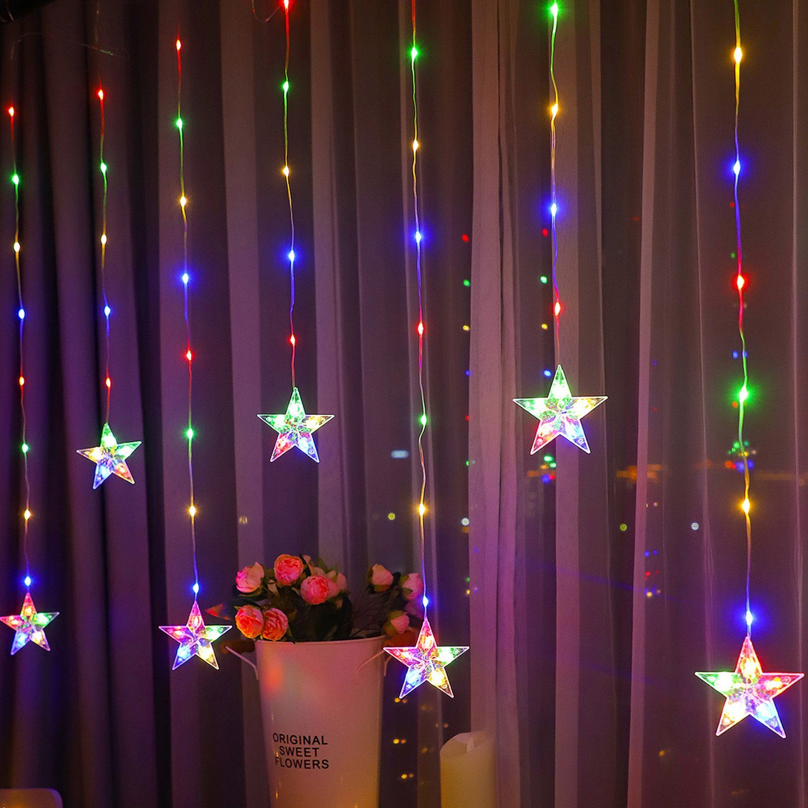 Rosnek LED-Lichtervorhang 2M, Stern, Multicolor, batterie, für Zelt Party Ramadan Weihnachten, Schlafzimmer Camping Hochzeit