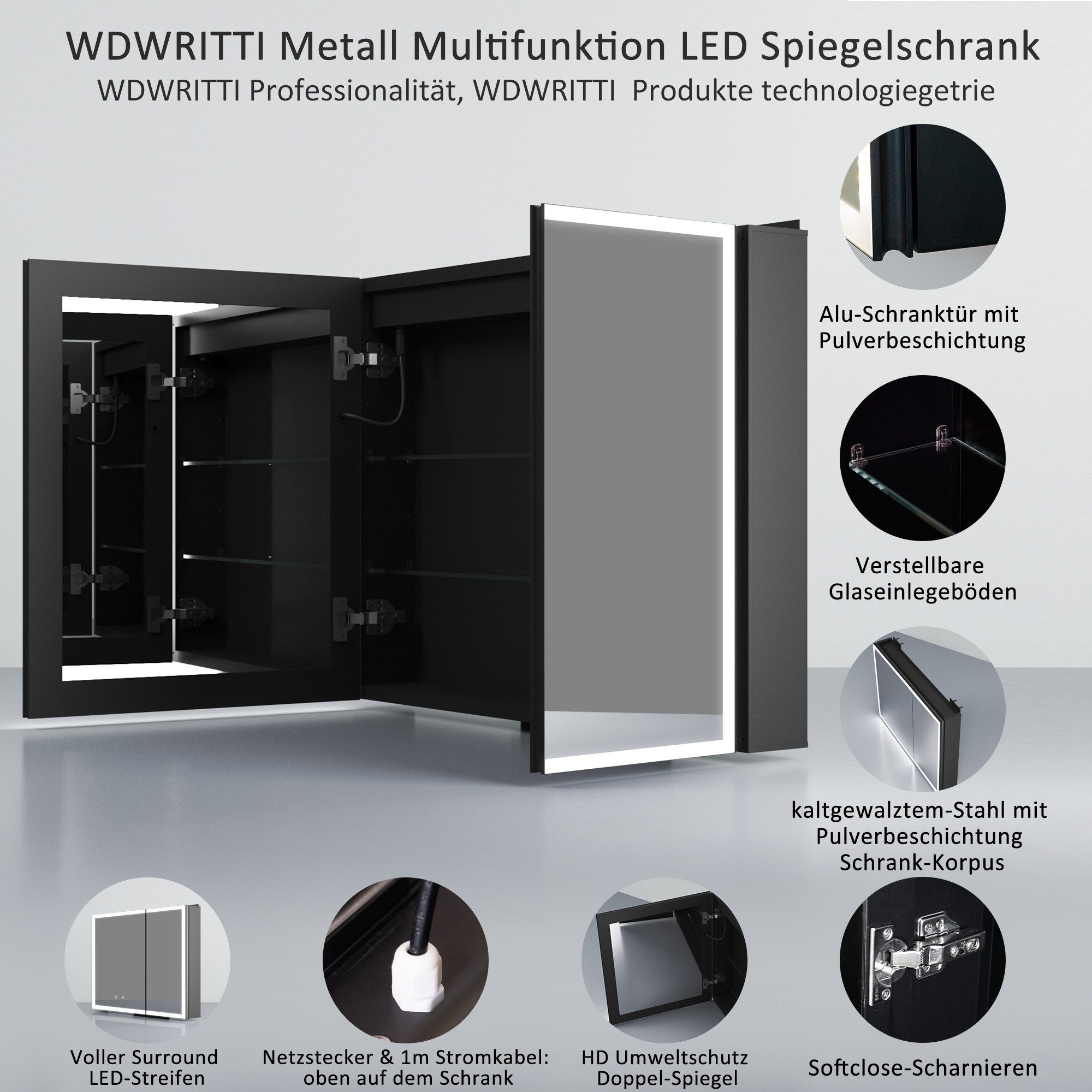 WDWRITTI Spiegelschrank mit beleuchtung 3Lichtmodi Dimmbar Badezimmerspiegelschrank LED 80x60 (Metall LED Wandschrank Hängeschrank Schwarz 2 türig, Speicherfunk – Bild 3 von 5