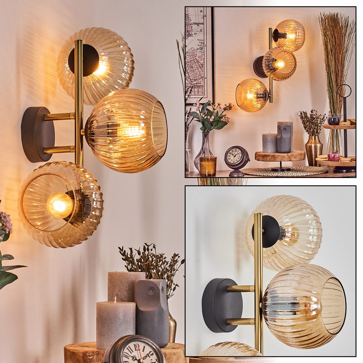 Wandleuchte Wandlampe aus Metall/Riffelglas in Schwarz/Gold/Bernstein