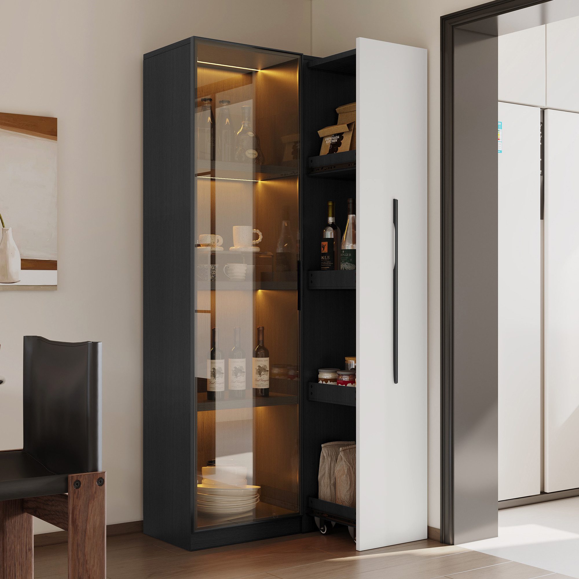 Flieks Glasvitrine Hochschrank mit LED-Beleuchtung, Glastüren und seitliche Schublade (70x40x160 cm, 1-St., Schublade mit Rollen) Mehrzweckschrank Vitrineschrank mit 4 Fächern und Ablagen Schwarz