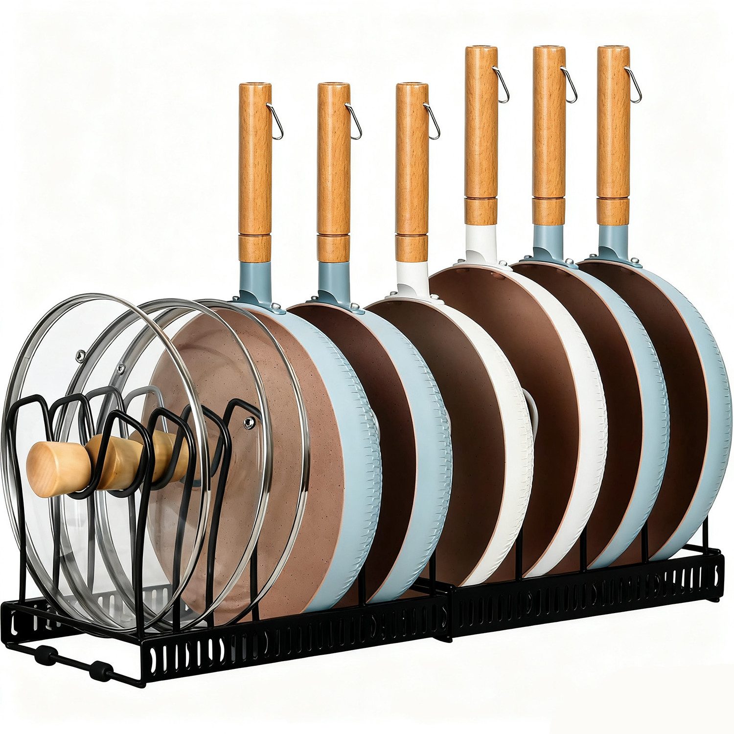 OSTWOLKE Geschirrständer Erweiterbarer Topfdeckelhalter mit 10 Verstellbaren Fächern, Topfdeckel Aufbewahrung Küche Pfannen Organizer Deckelhalter