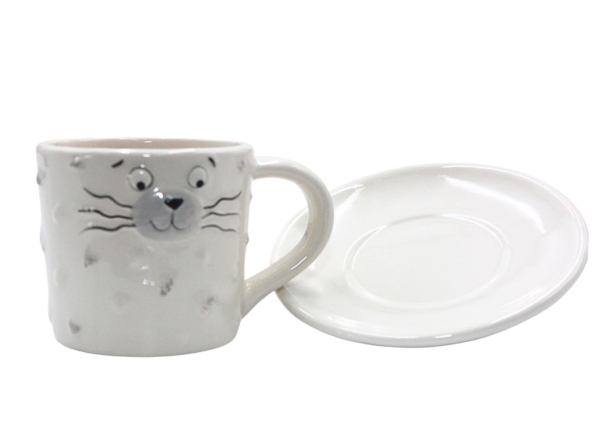 Tasse Katzengesicht, Dekohelden24 Tasse Untertasse/Teller mit mit Kaffeebecher, Porzellan Porzellan