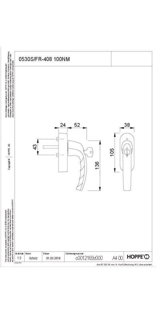 0530S/FR-408 Alu HOPPE Fensterbeschlag Vierkantmaß F9 Stift SecuSignal-eFenstergriff Stahl 7mm 32-42mm vorst. 100NM Atlanta abschließbar