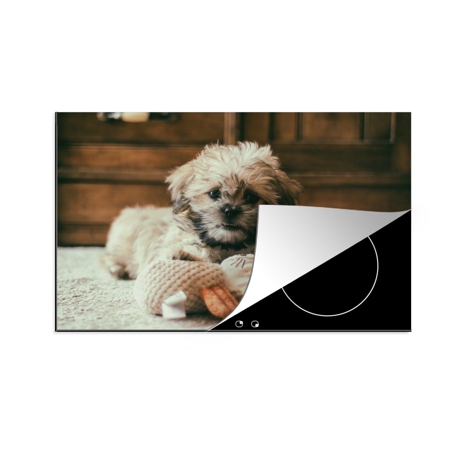 MuchoWow Herdblende-/Abdeckplatte Ein Shih Tzu-Hund, der auf dem Boden kuschelt, Vinyl, (1 tlg), 81x52 cm, Induktionskochfeld Schutz für die küche, Ceranfeldabdeckung